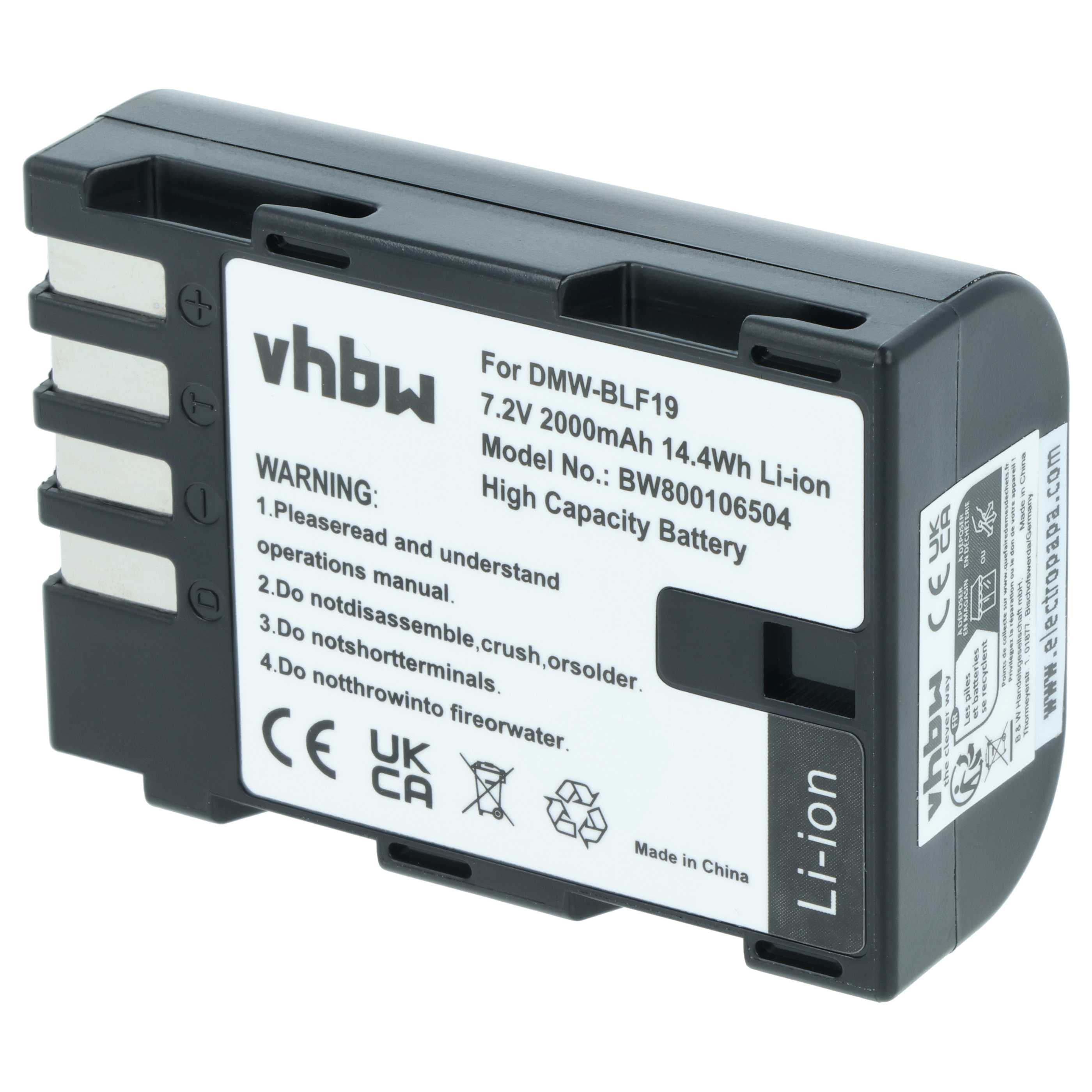 2x Battery replaces Panasonic DMW-BLF19E, DMW-BLF19 - 2000mAh, 7.2V, Li-Ion