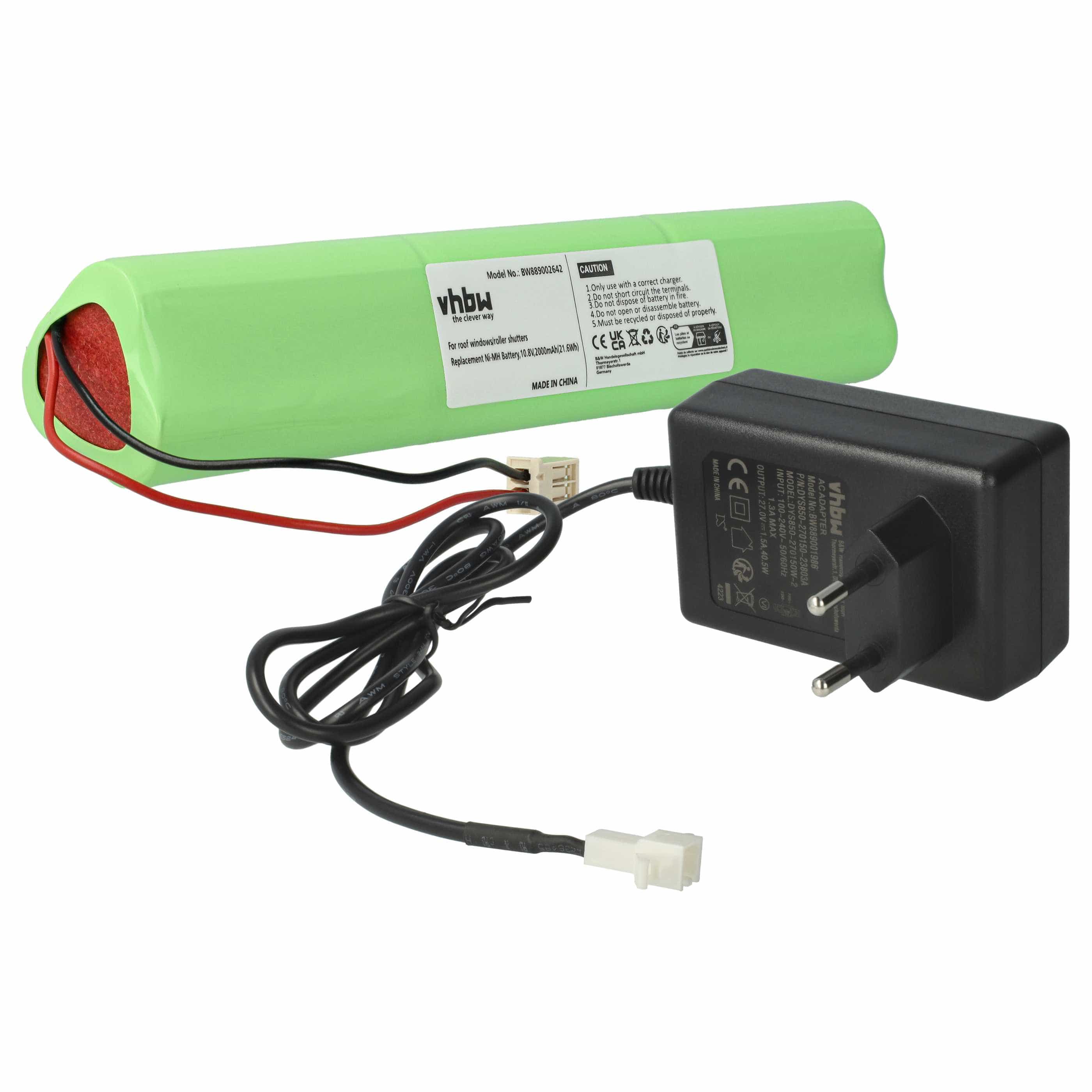 Charger incl. Battery (2000 mAh) replaces Velux 946933, 946930, GP210AFHT, 846933 for NiMH Batteries
