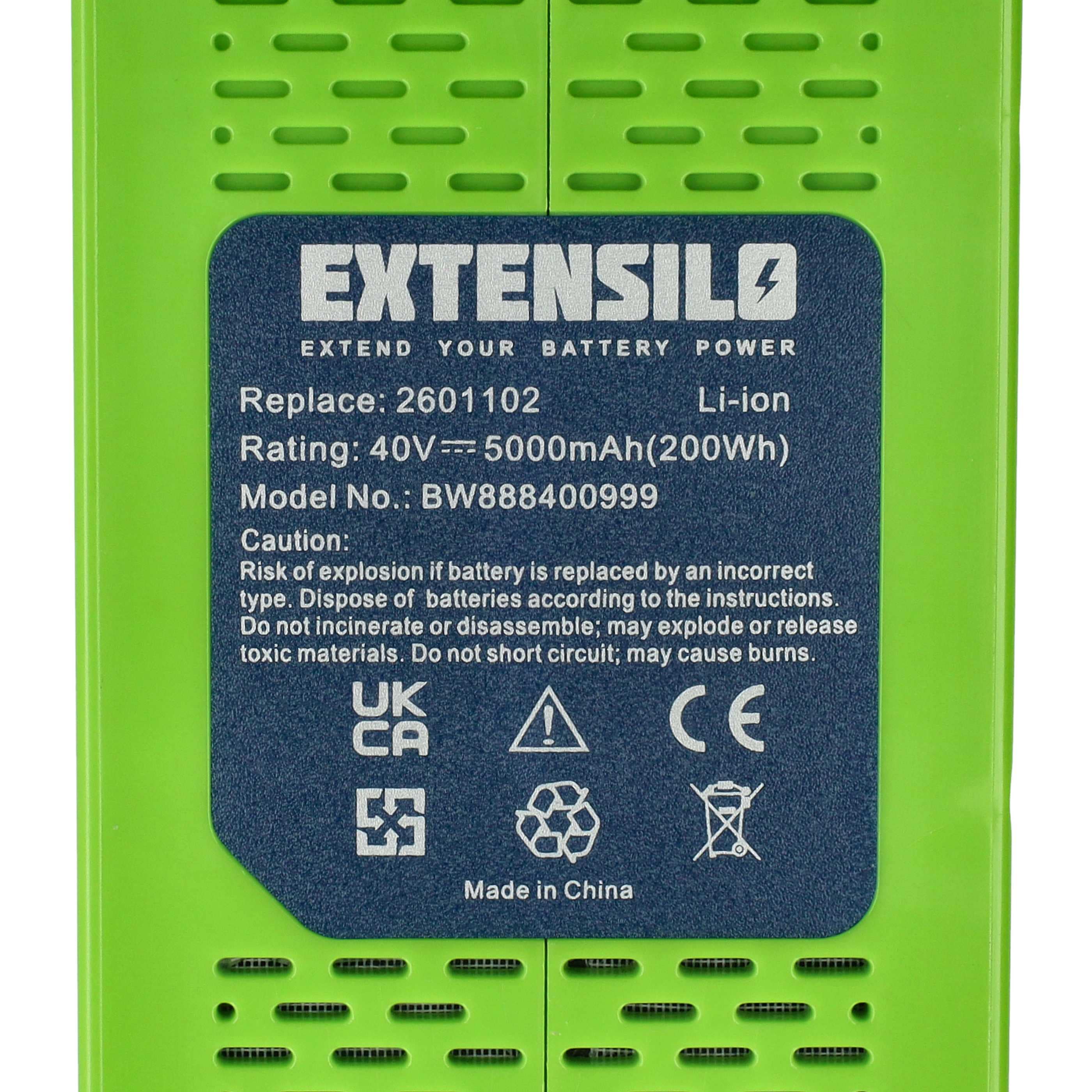 Battery replaces Cramer 40V220, 40V110 - 5 Ah 40 V Li-Ion, black / green