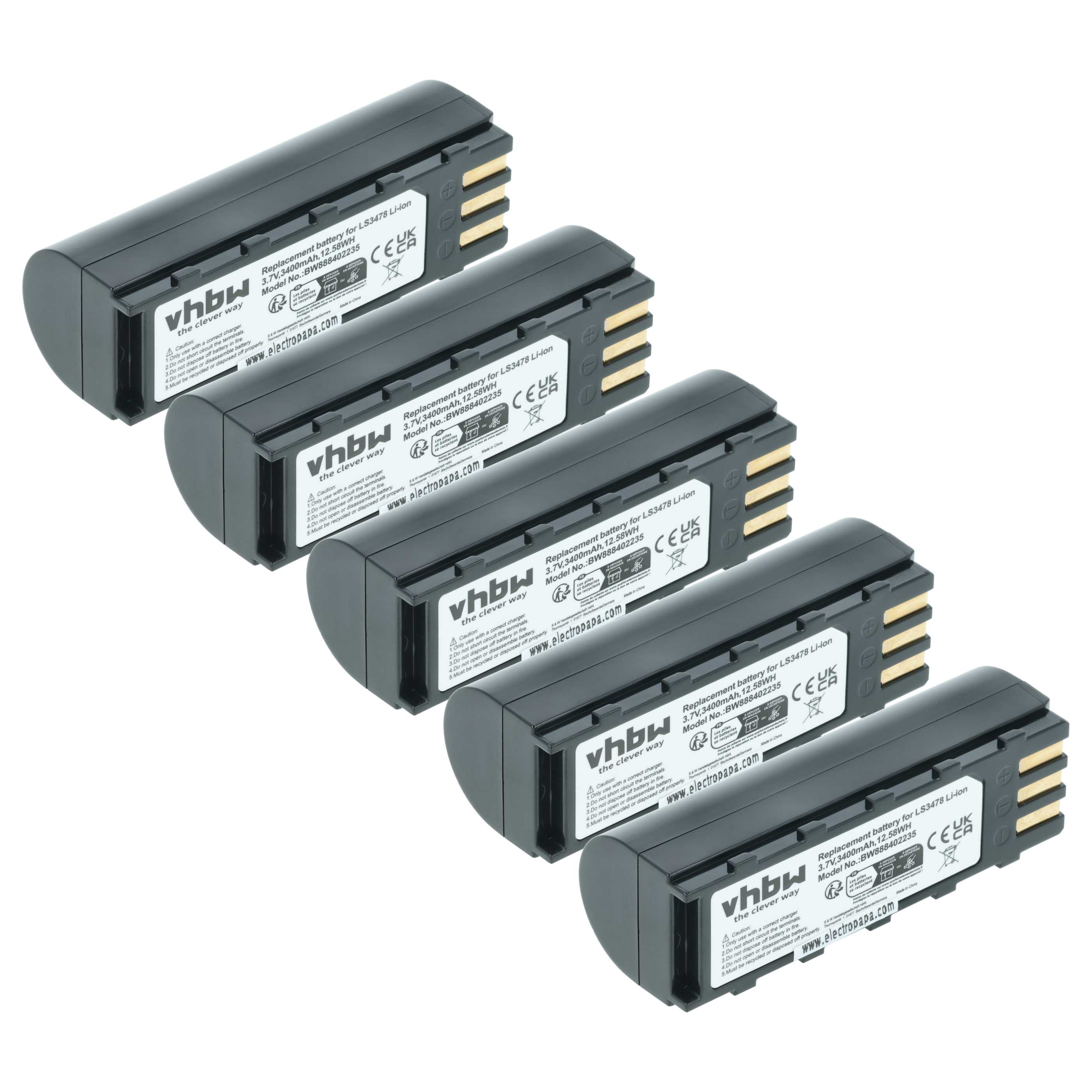 5x Batteries remplace Motorola 21-62606-01 pour scanner de code-barre Symbol - 3400mAh 3,7V