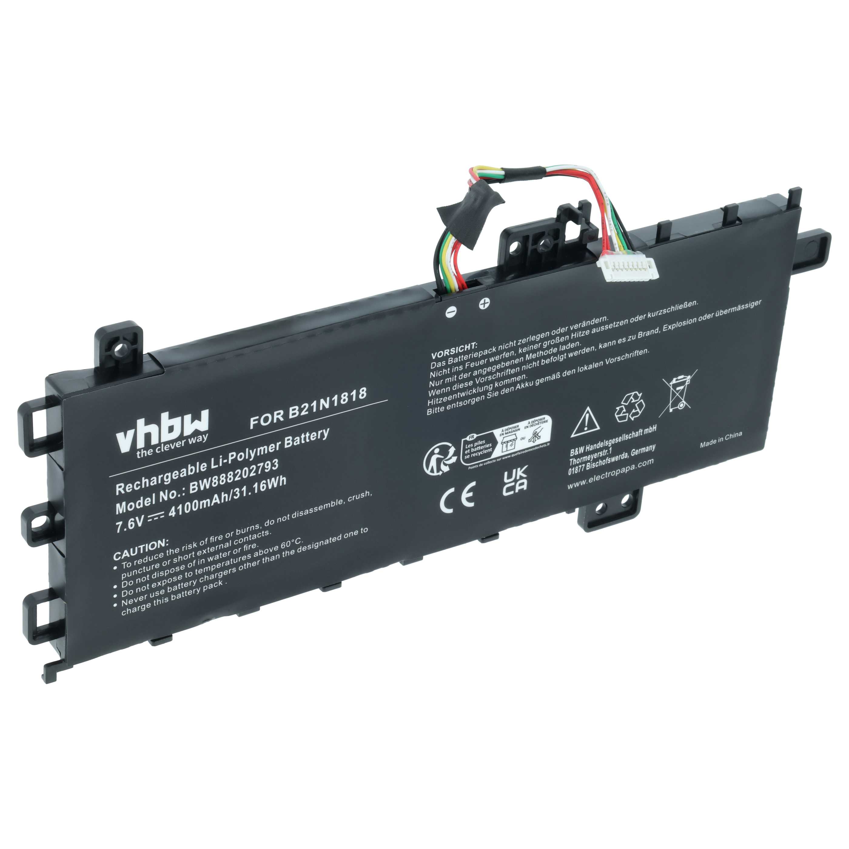 Batteria sostituisce Asus C21N1818, 0B200-03190800, 0B200-03280600 per notebook - 4100mAh 7,6V Li-Poly