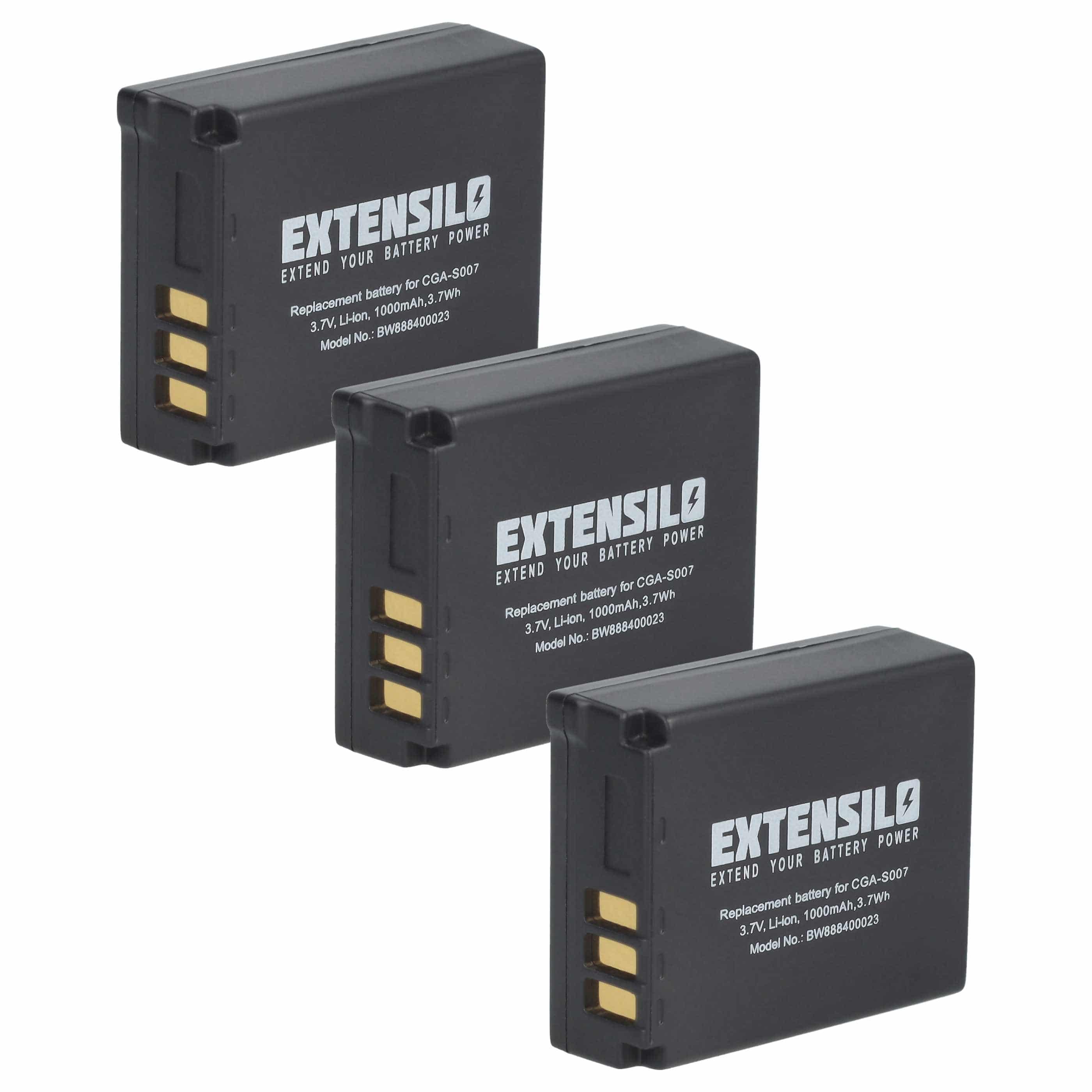 3x Battery replaces Panasonic CGA-S007E, CGA-S007A/B, CGA-S007, CGA-S007A/1B - 1000mAh, 3.7V, Li-Ion