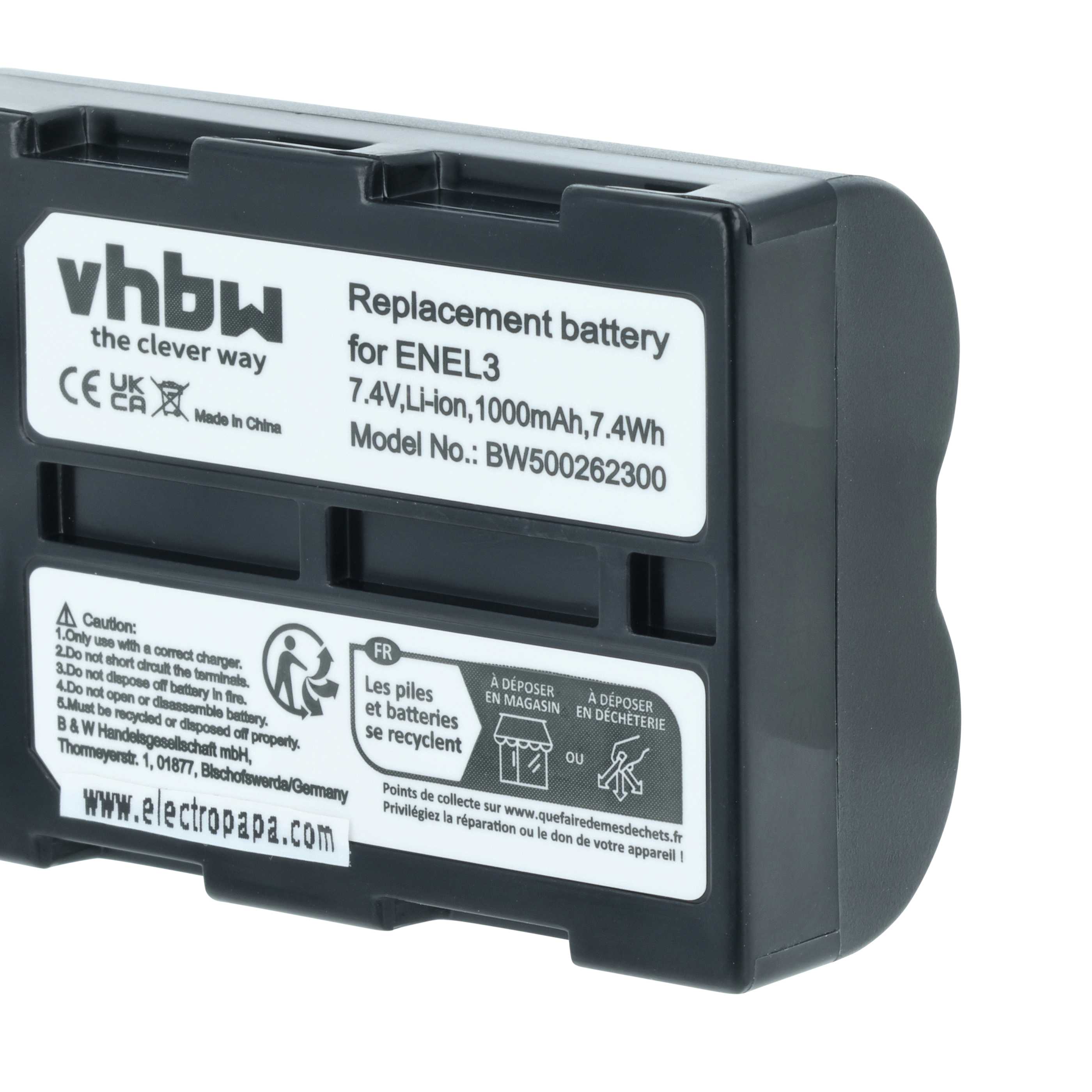 3x Battery replaces Nikon EN-EL3, EN-EL3a - 1000mAh, 7.2V, Li-Ion