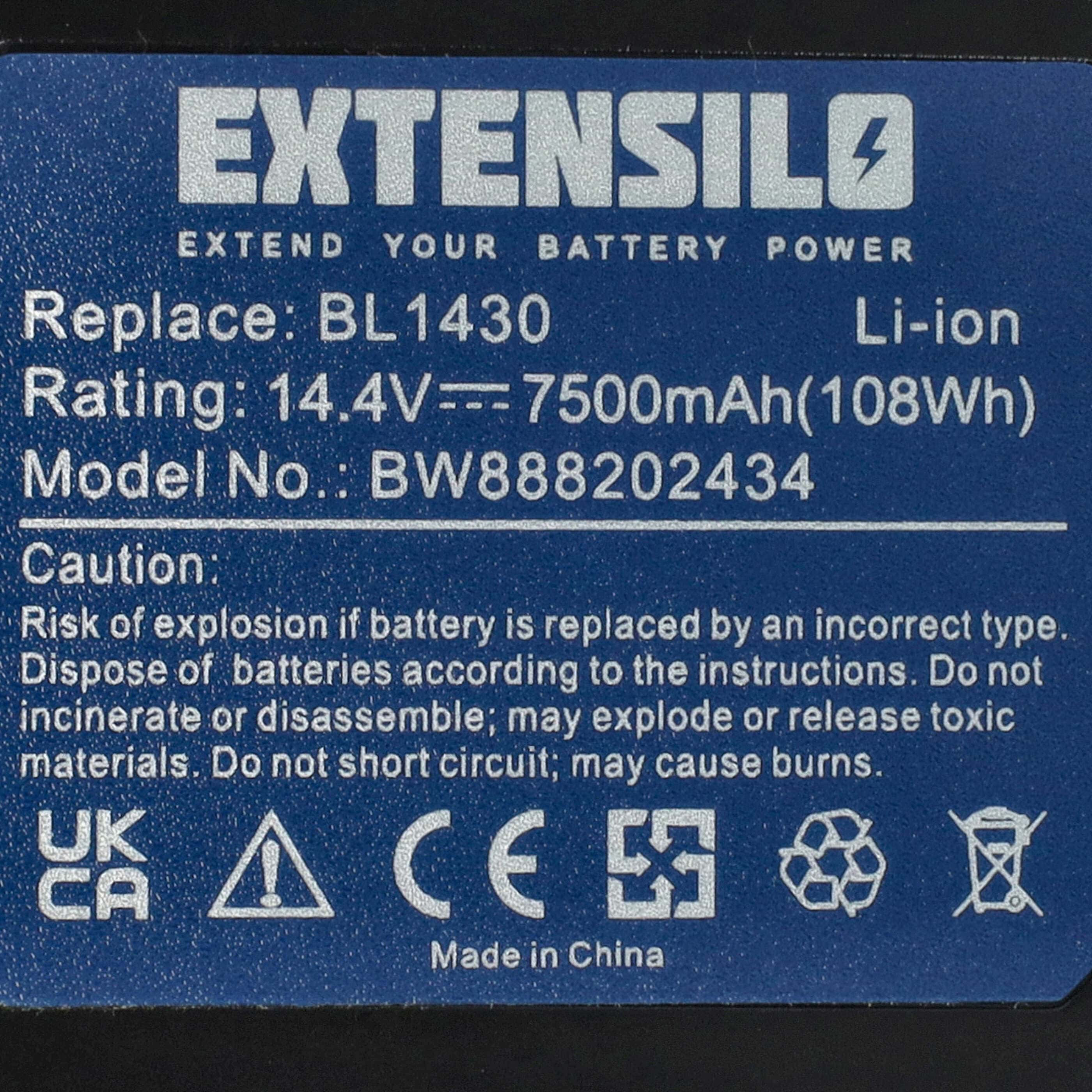 Battery replaces Makita 194065-3, BL1415, BL1430, 194066-1 Electric Power Tool - 7500 mAh, 14.4 V, Li-Ion