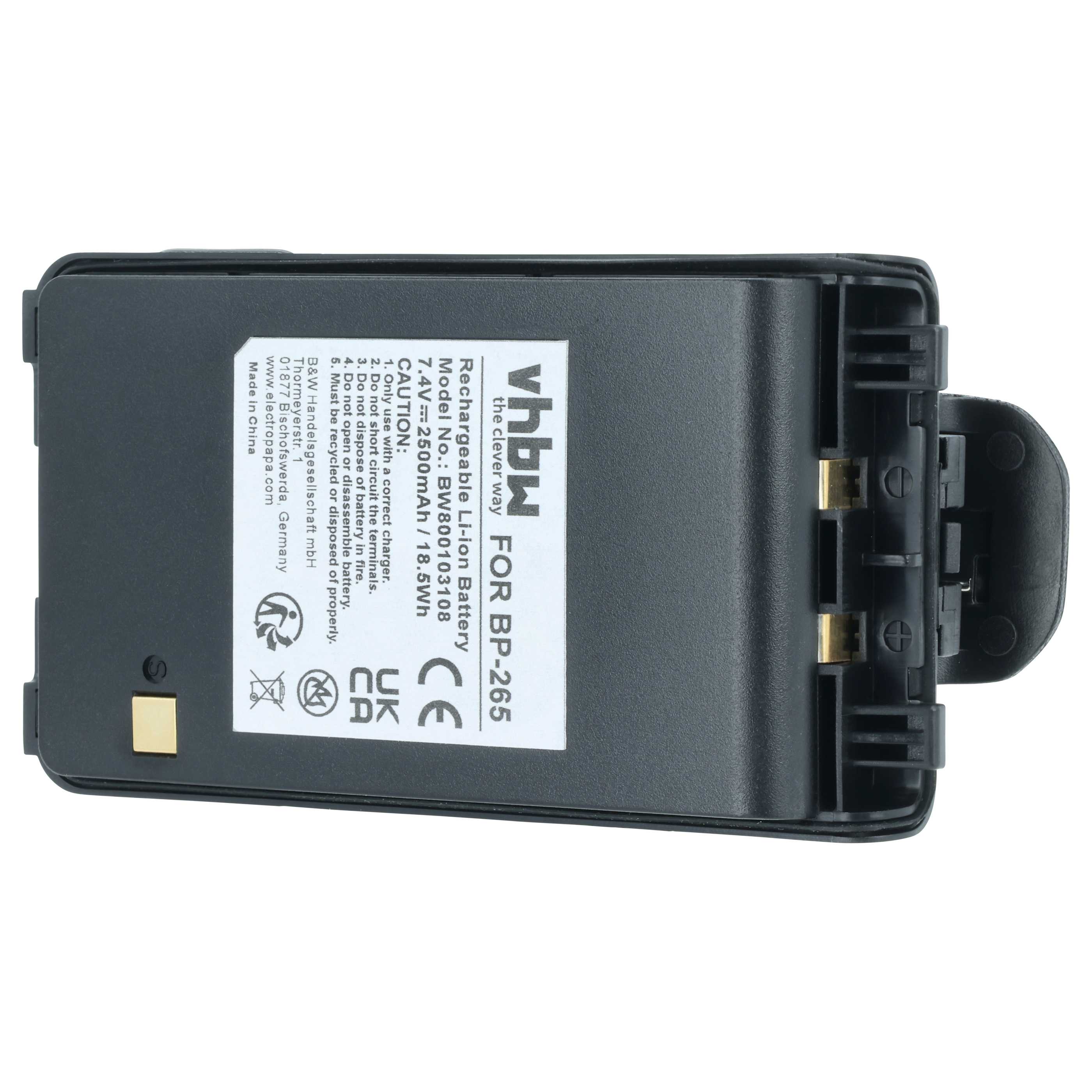 Radio Battery replaces Icom BP-265LI, BP-265 - 2500 mAh 7.4 V Li-Ion + Belt Clip
