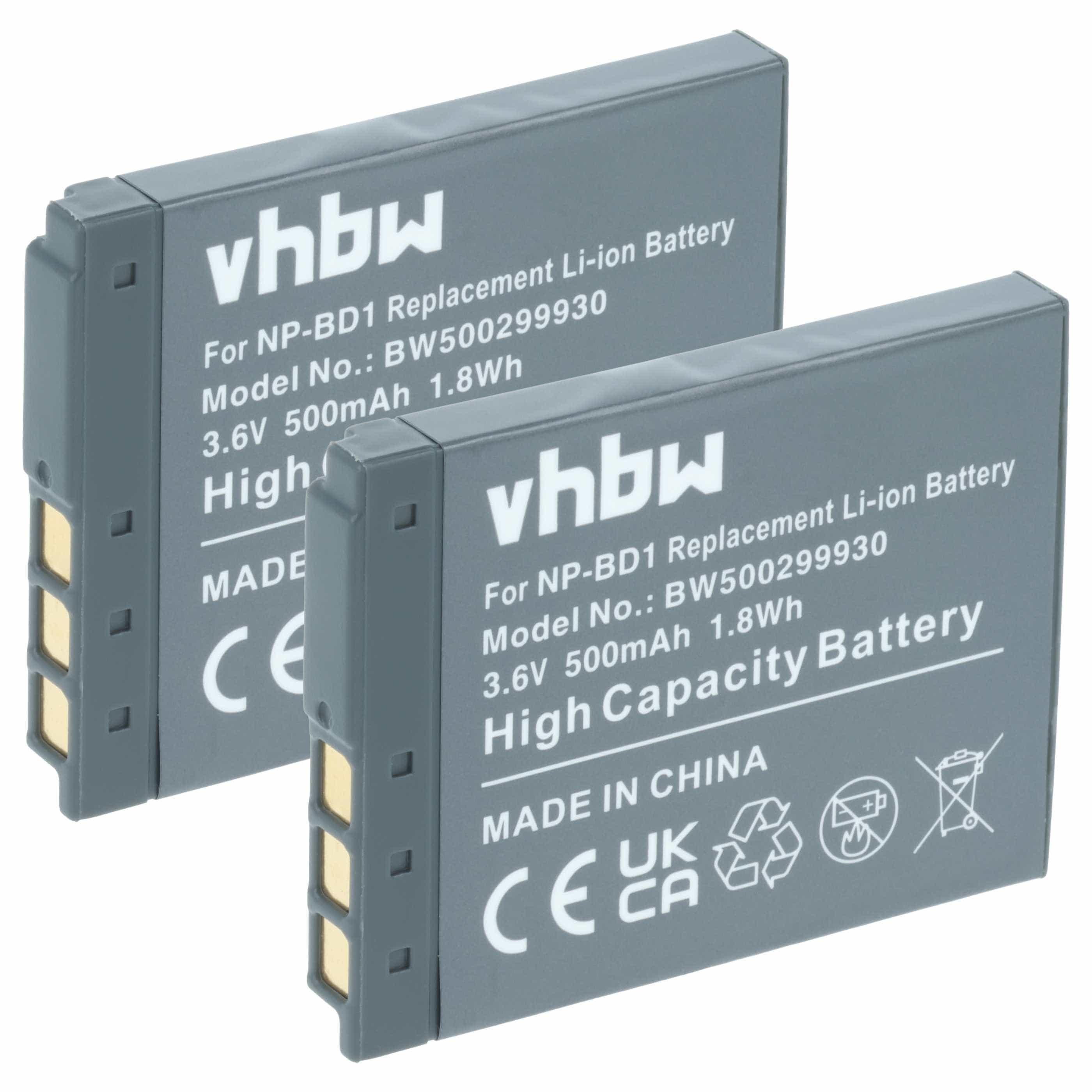 2x Battery replaces Sony NP-FD1, NP-BD1 - 500mAh, 3.6V, Li-Ion