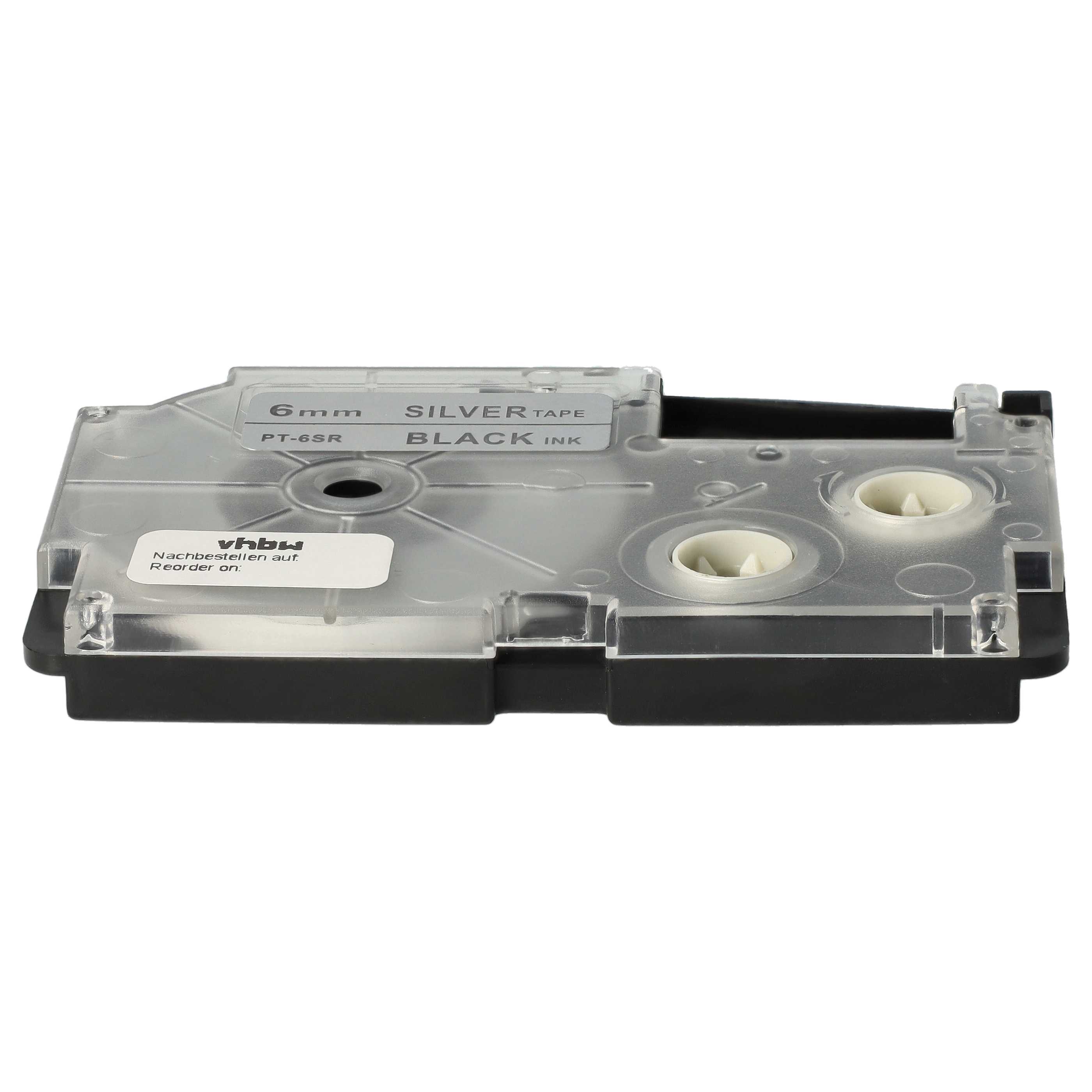 Label Tape replaces Casio XR-6SR1, XR-6SR - 6 mm Black to Silver