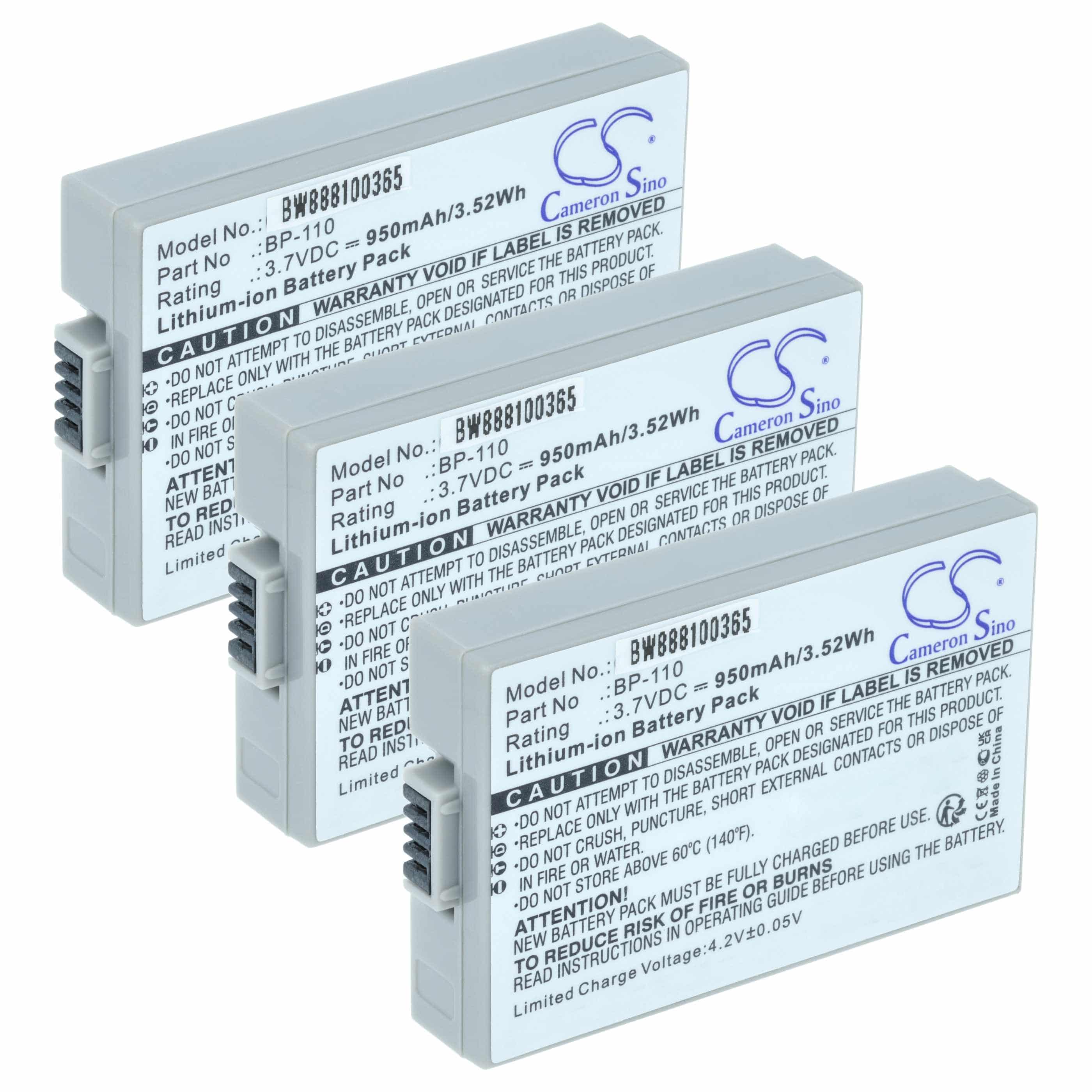 Videocamera 3x Battery replaces Canon BP-110 - 950 mAh 3.7 V Li-Ion