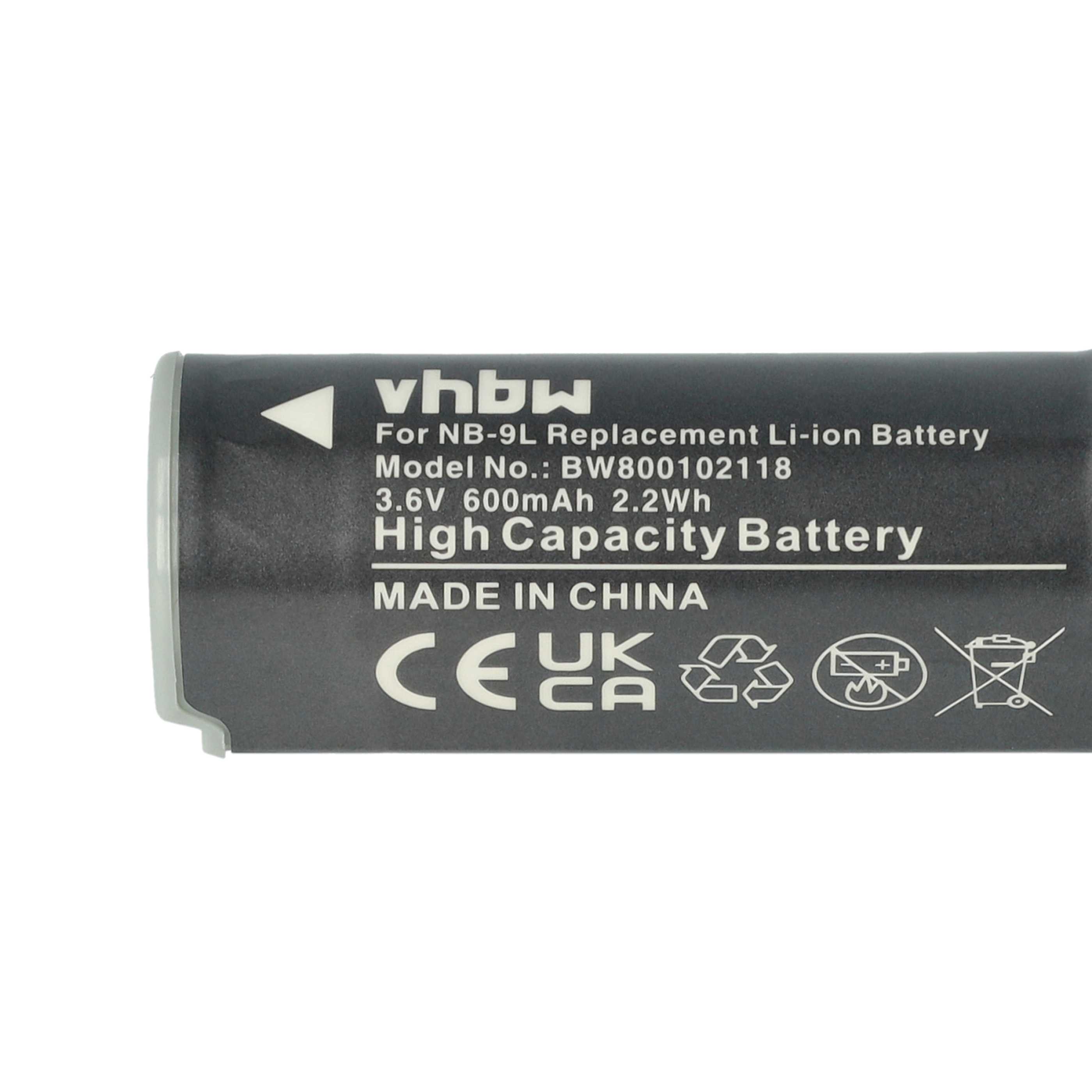 2x Battery replaces Canon NB-9L - 600mAh, 3.6V, Li-Ion