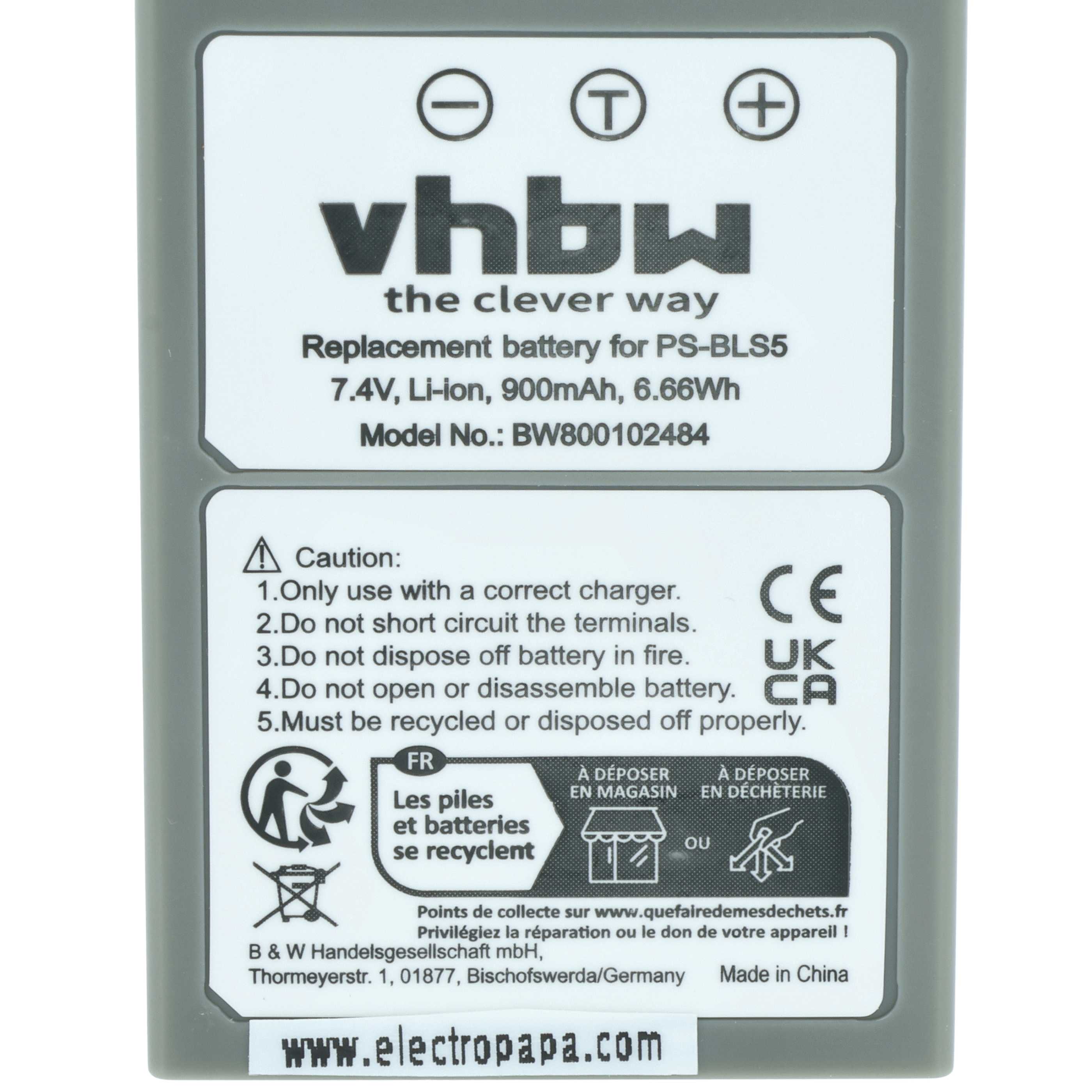 Batteria sostituisce Olympus PS-BLS5, BLS50, BLS-5, BLS-50 per fotocamera - 900mAh 7,2V Li-Ion