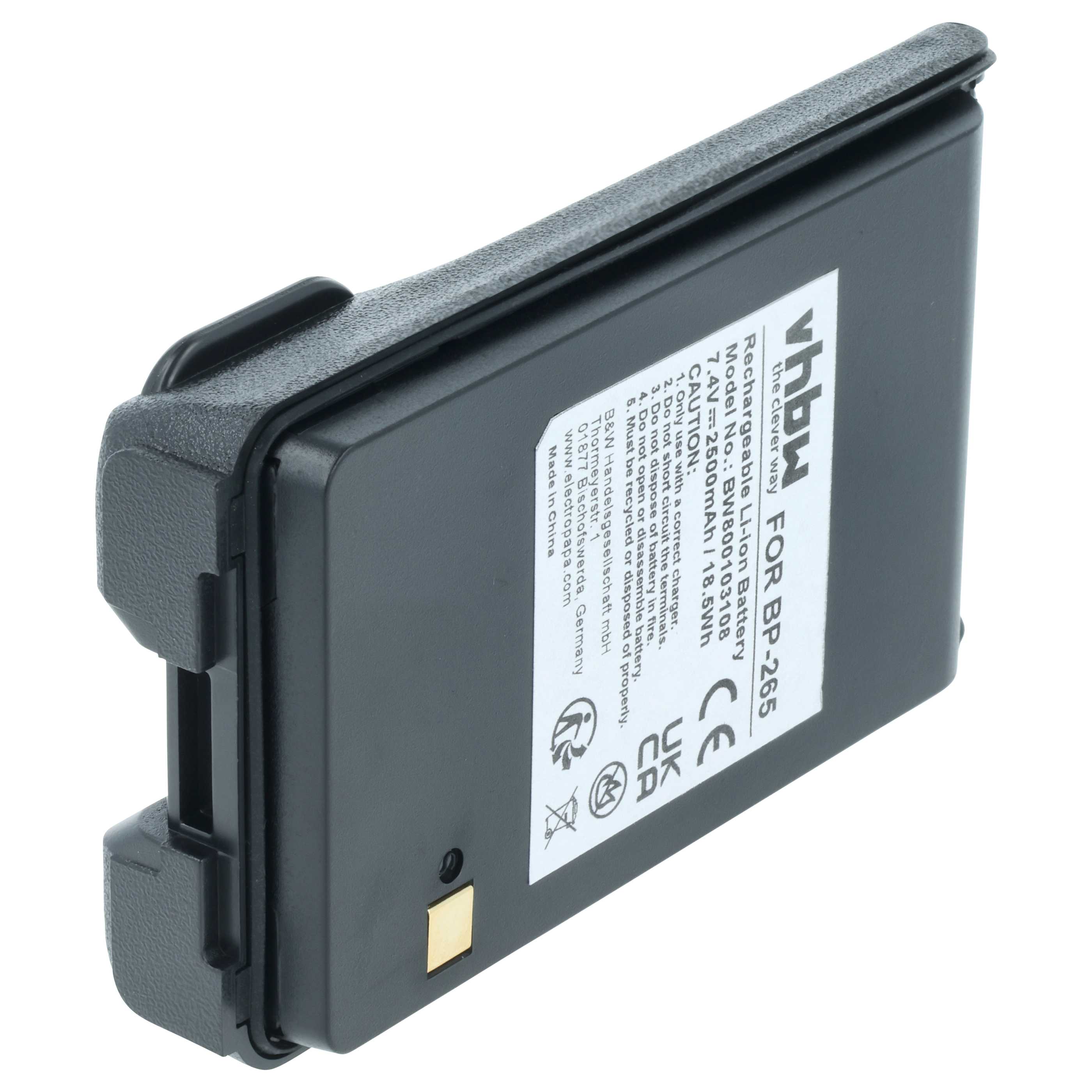 Radio Battery replaces Icom BP-265LI, BP-265 - 2500 mAh 7.4 V Li-Ion + Belt Clip