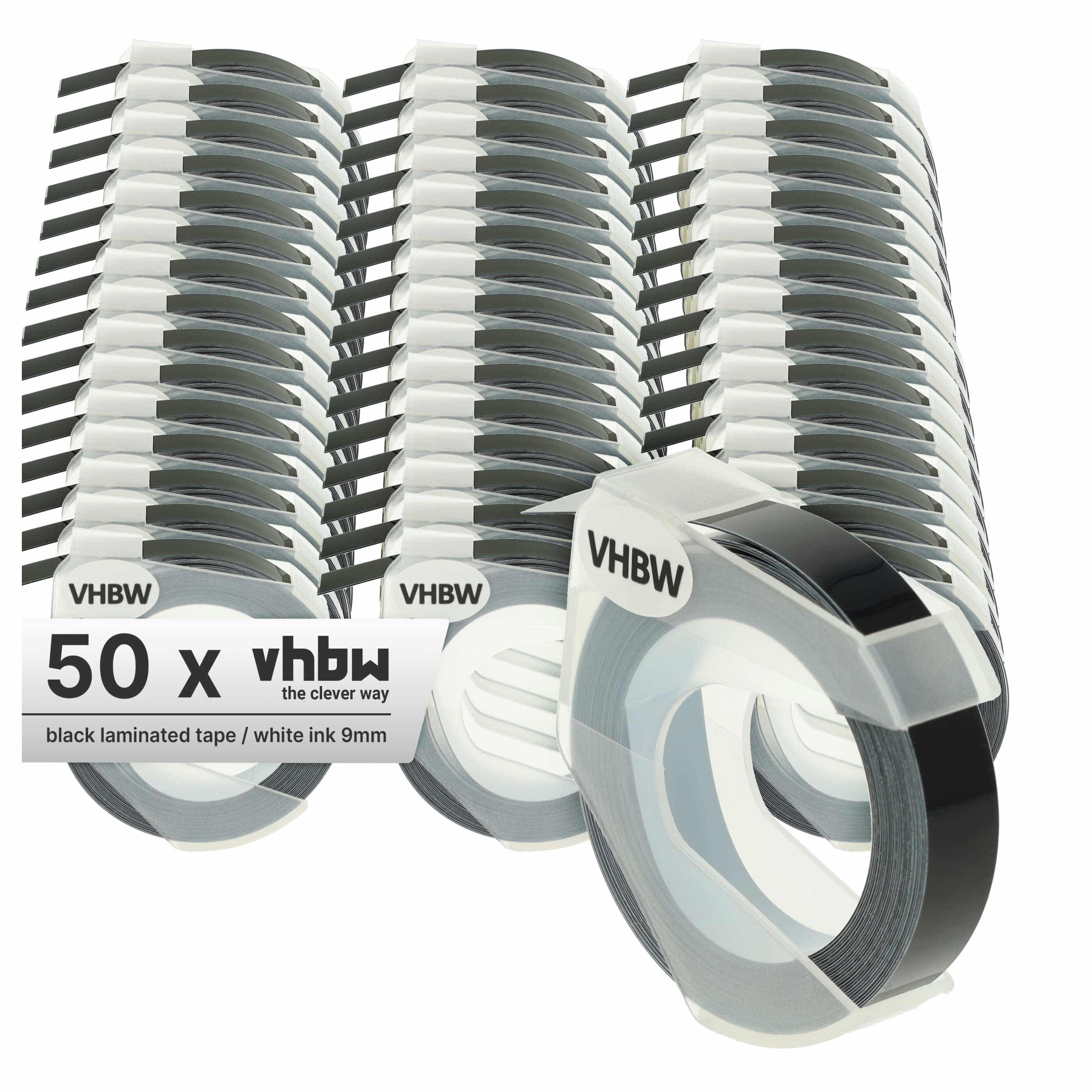 50x 3D Embossing Label Tape replaces Dymo 520109, 0898130, S0898130 - 9 mm White to Black