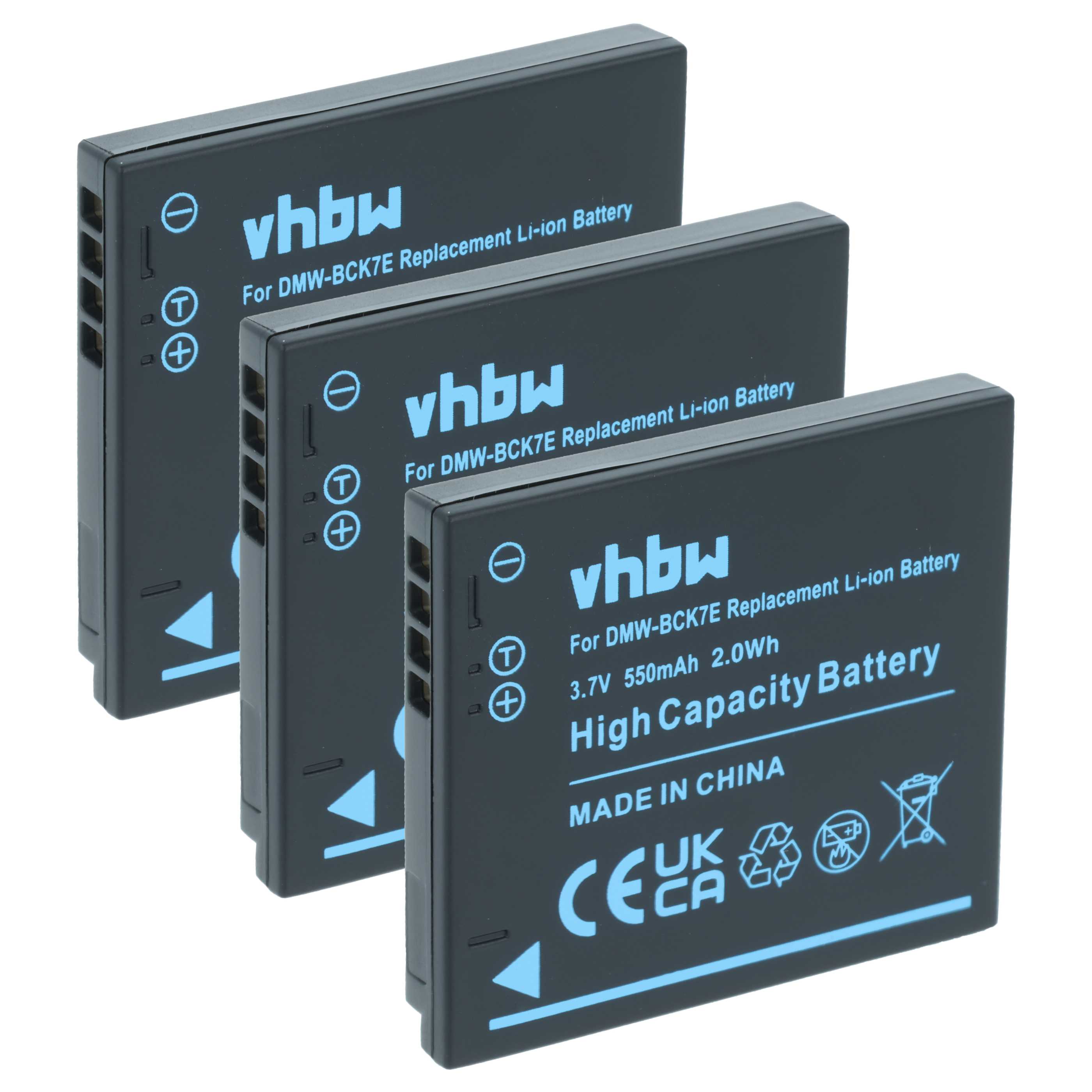 3x Battery replaces Panasonic NCA-YN101G, NCA-YN101F, DMW-BCK7PP, DMW-BCK7E, DMW-BCK7 - 550mAh, 3.7V, Li-Ion