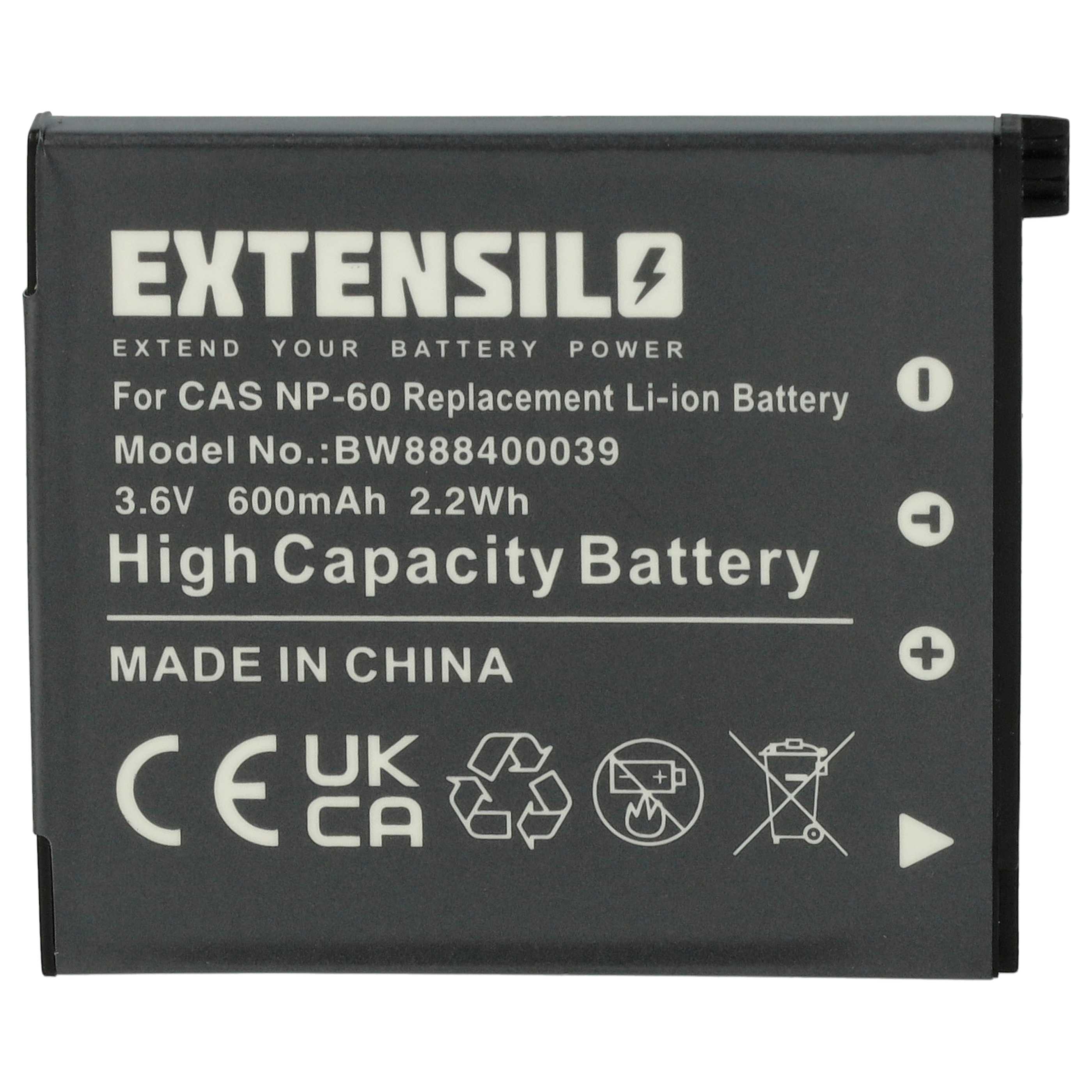 Battery replaces Casio NP-60 - 600mAh, 3.7V, Li-Ion