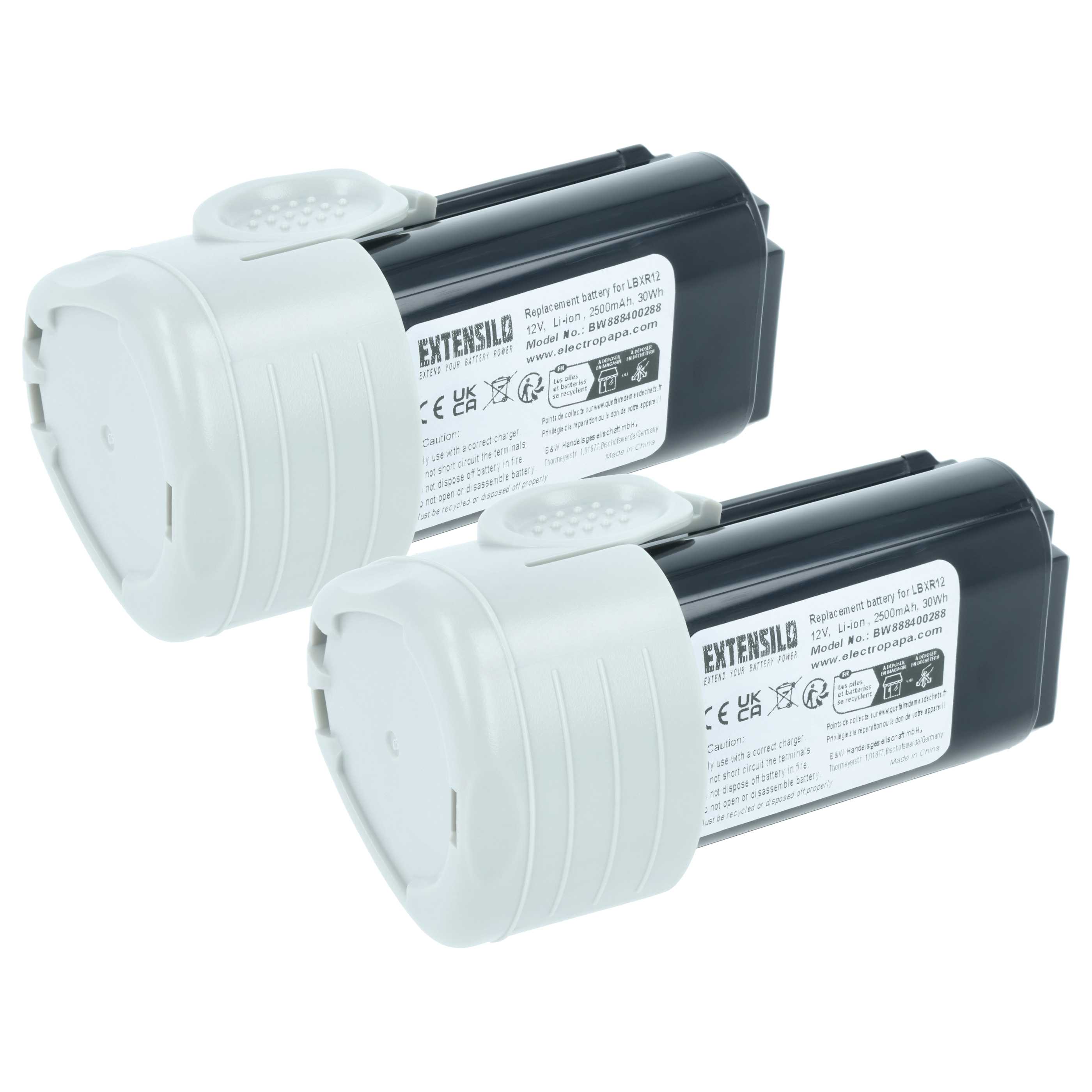 2x Battery replaces Black & Decker BL1310, BL1110, BL1510, LB12 Electric Power Tool - 2500 mAh, 12 V, Li-Ion