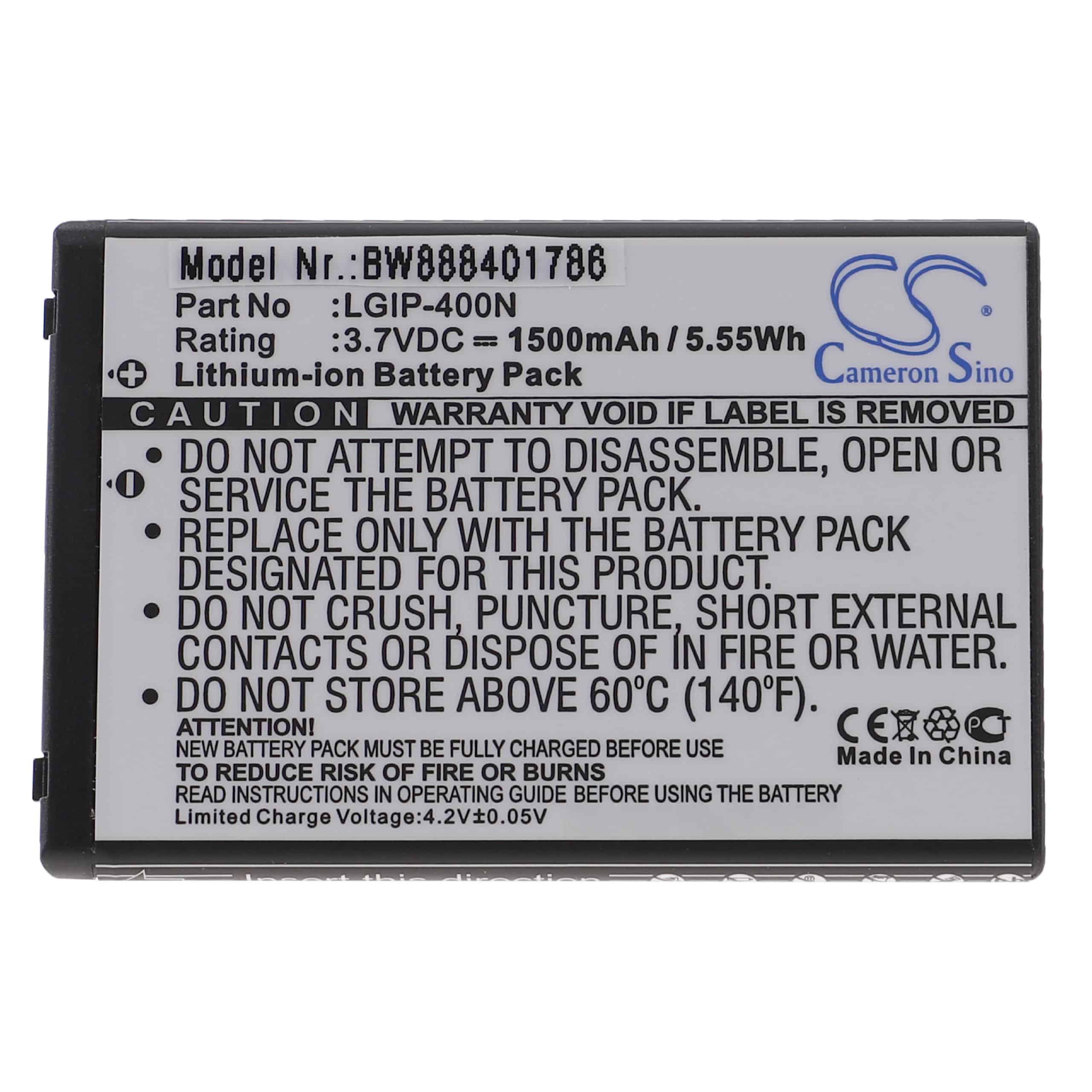 Batterie remplace LG SBPL0102301, IP-400V, IP-400N pour téléphone portable - 1500mAh, 3,7V, Li-ion