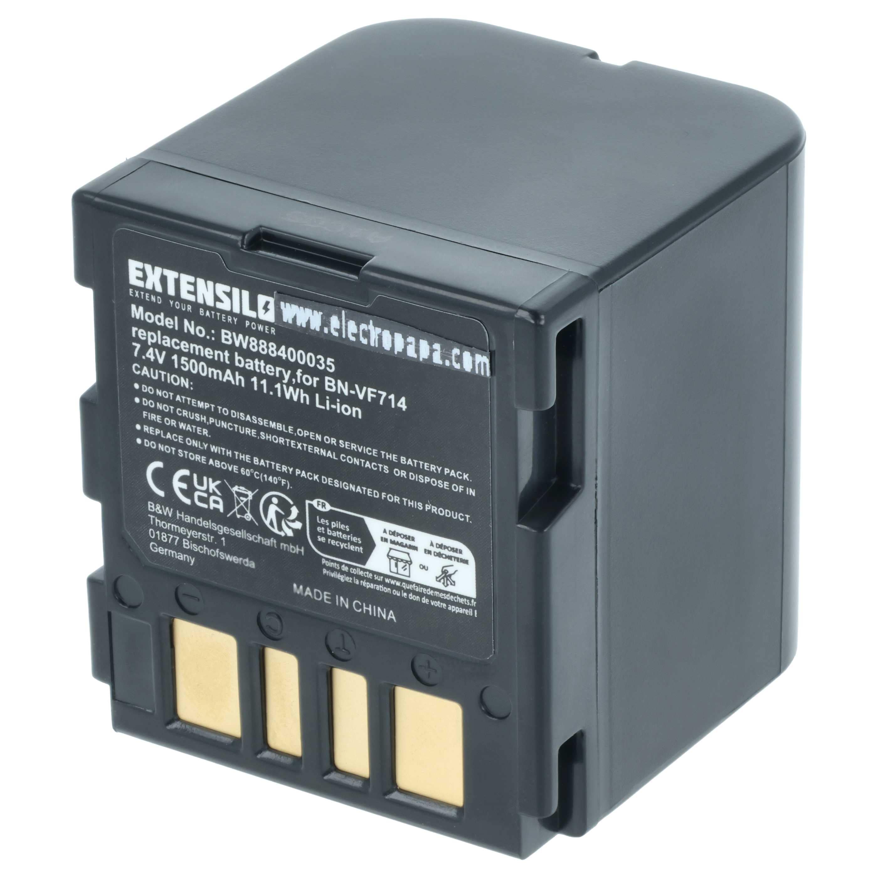 Battery replaces JVC BN-VF707, BN-VF707U, BN-VF714, BN-VF714U, BN-VF733, BN-VF733U - 1500mAh, 7.4V, Li-Ion