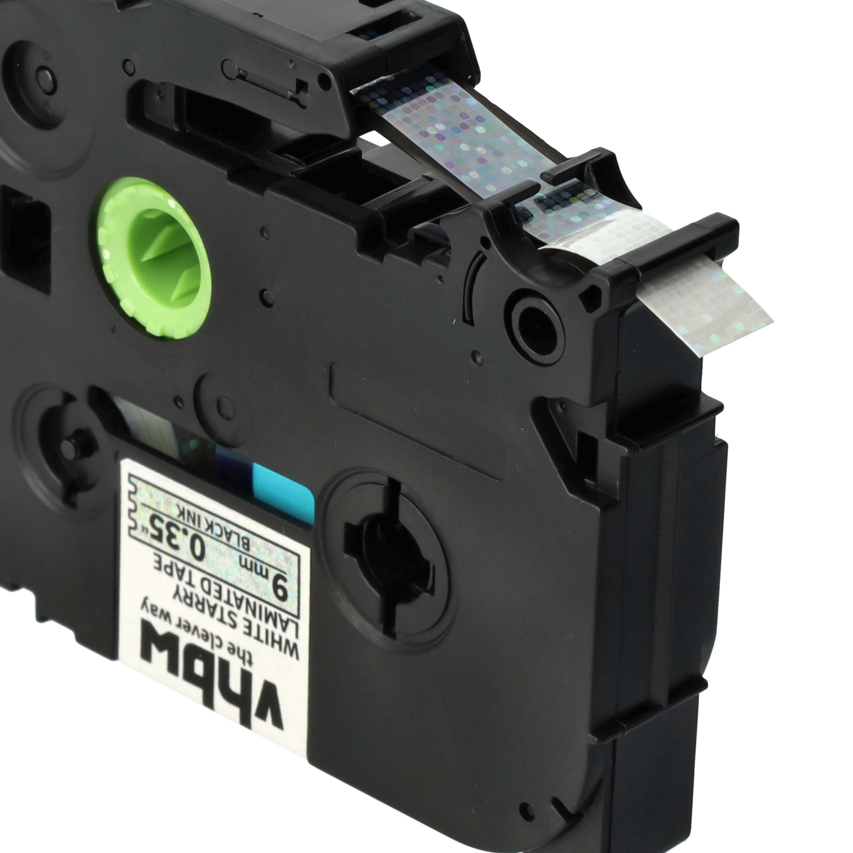 Label Tape replaces Brother TZE-221L1 - 9 mm Black to White (Glitter)