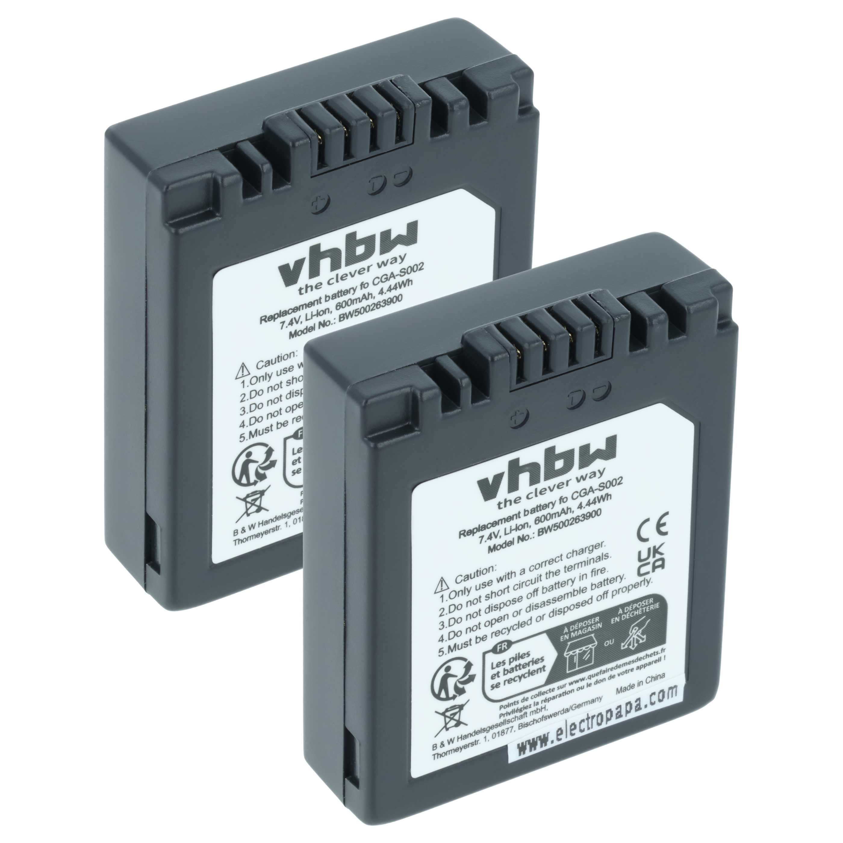 2x Battery suitable for Panasonic Lumix DMC-FZ10, DMC-FZ15, DMC-FZ20, DMC-FZ5 - 550mAh, 7.2V, Li-Ion