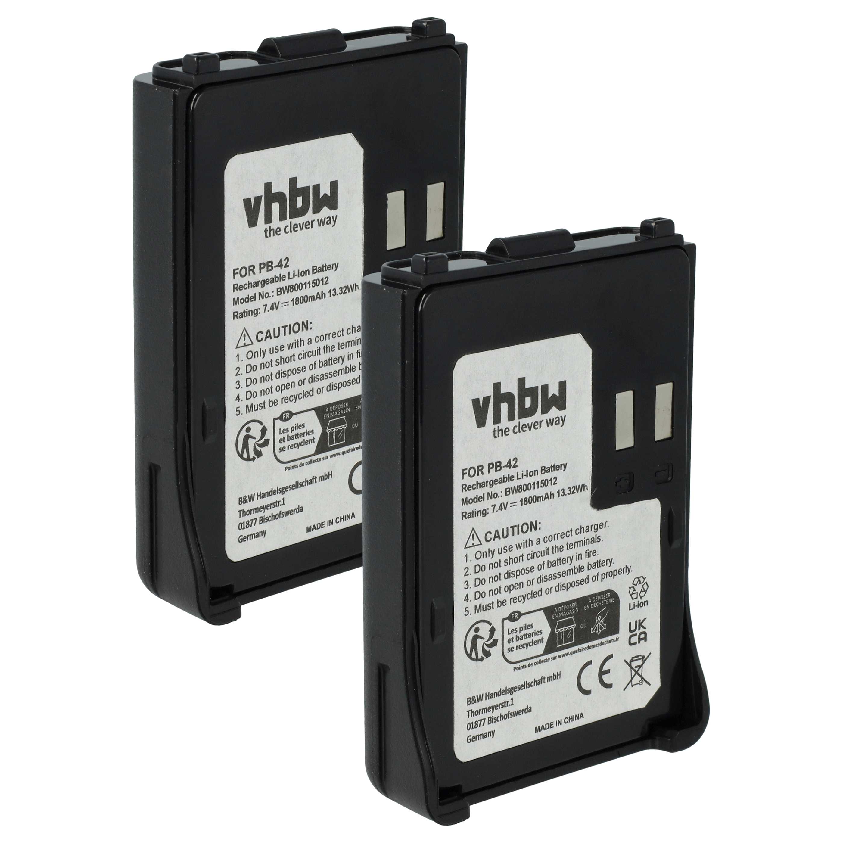 Radio 2x Battery replaces Kenwood PB-42Li, PB-42L, PB-42 - 1800 mAh 7.4 V Li-Ion