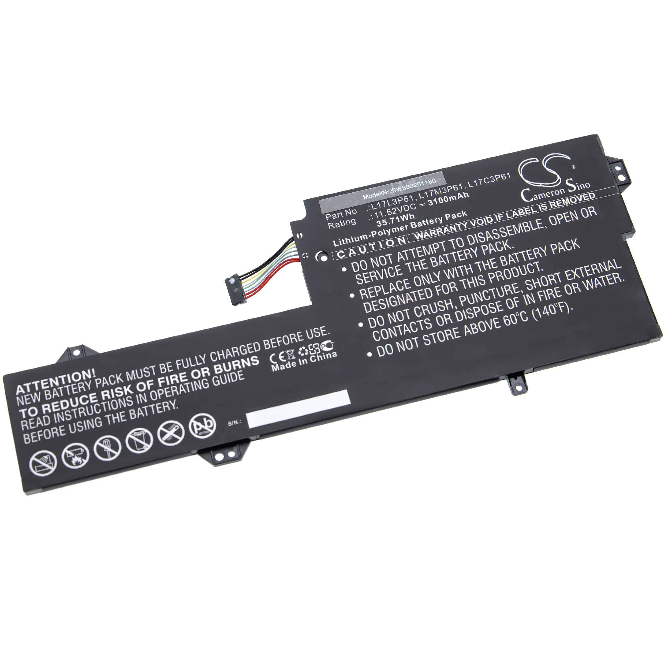Batterie remplace Lenovo L17L3P61, L17C3P61 pour ordinateur portable - 3100mAh 11,52V Li-polymère, noir