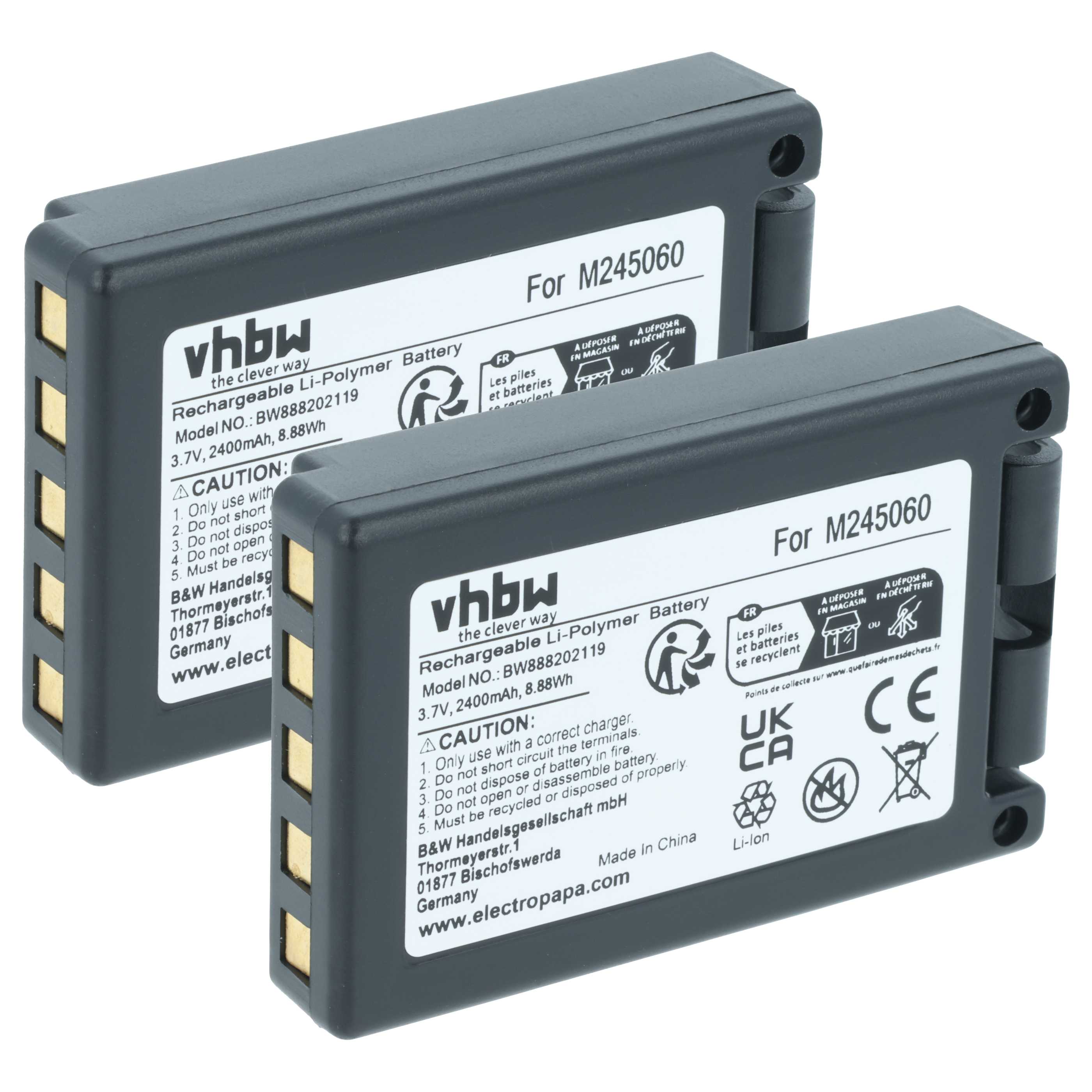 Batterie (2 pièces) remplace Teleradio M245060, 22.381.2, D00004-02 - 2400mAh 3,7V Li-ion