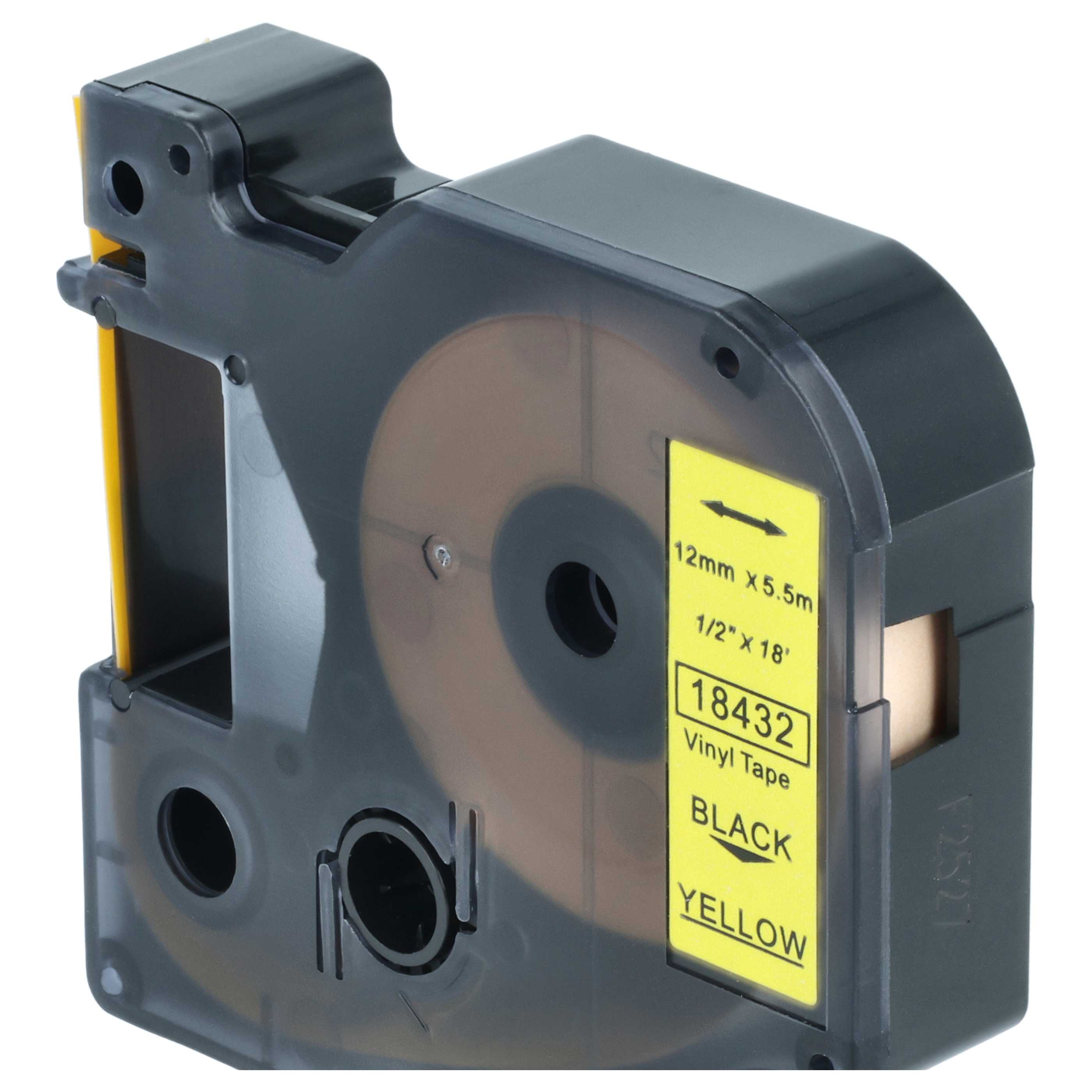 Cassette à ruban remplace Dymo 18432 - 12mm lettrage Noir ruban Jaune, vinyle, plastique