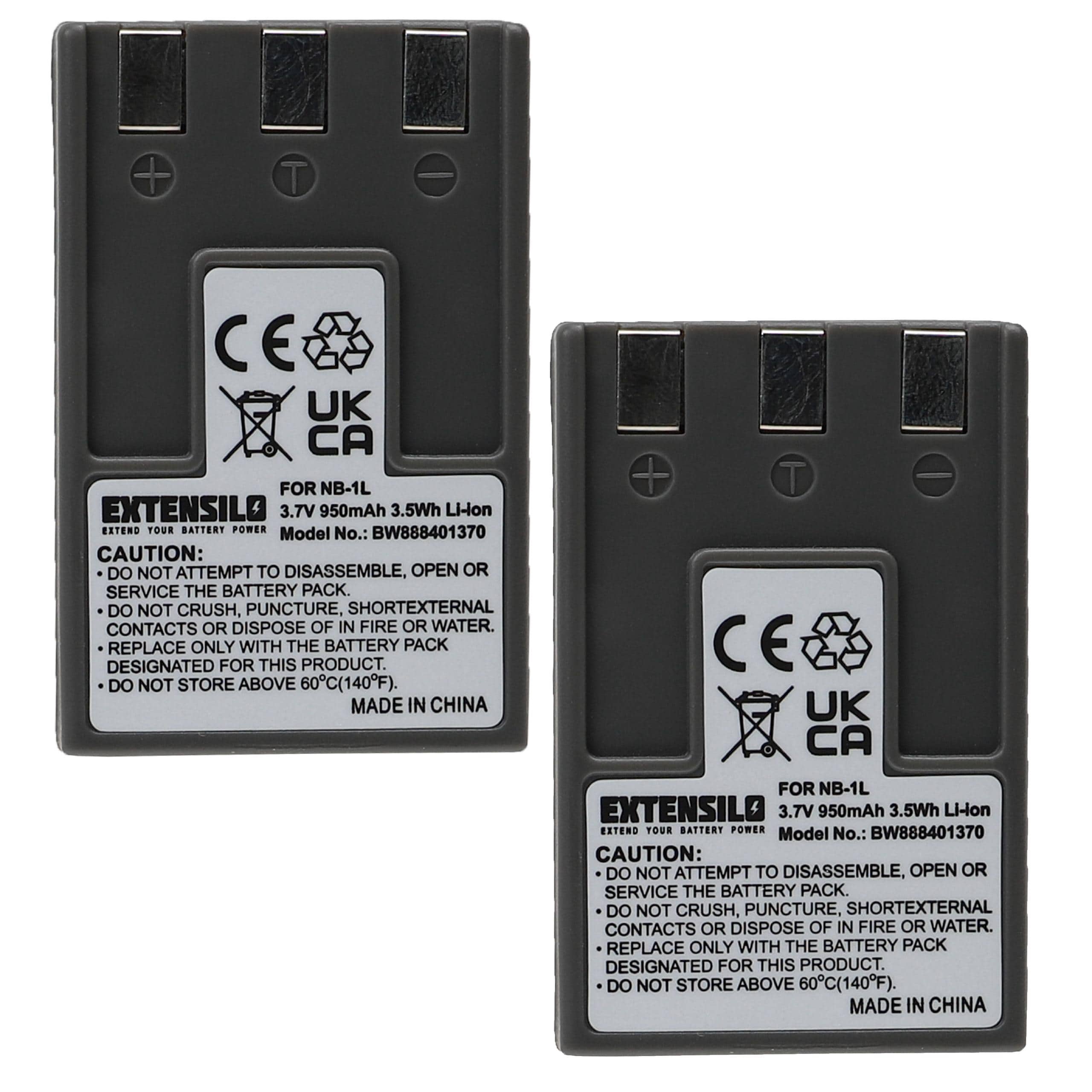 2x Battery replaces Canon NB-1L, NB-1LH - 950mAh, 3.7V, Li-Ion