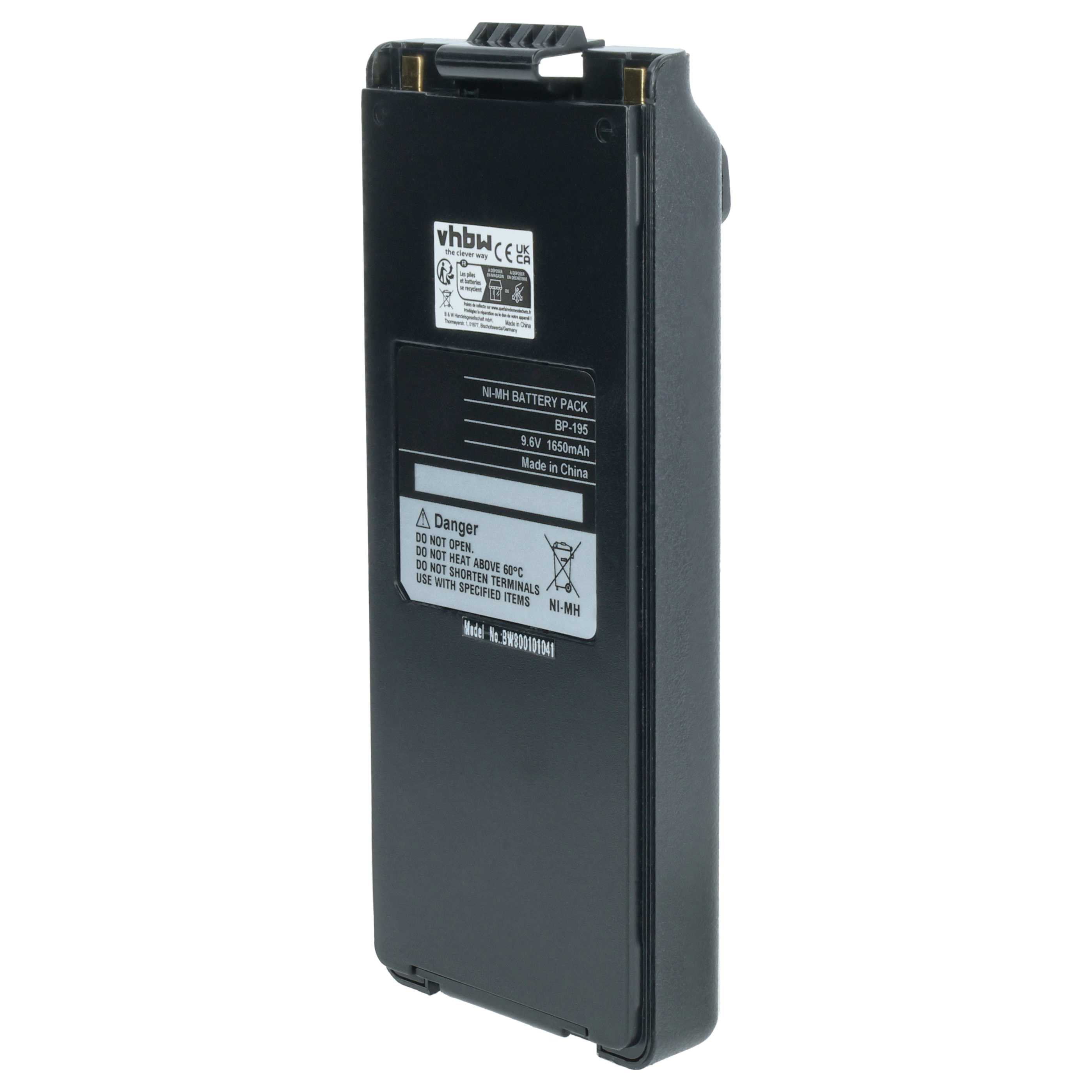 Radio 2x Battery replaces Icom BP-195, BP-196H, BP-196, BP-196R - 1650 mAh 9.6 V NiMH + Belt Clip