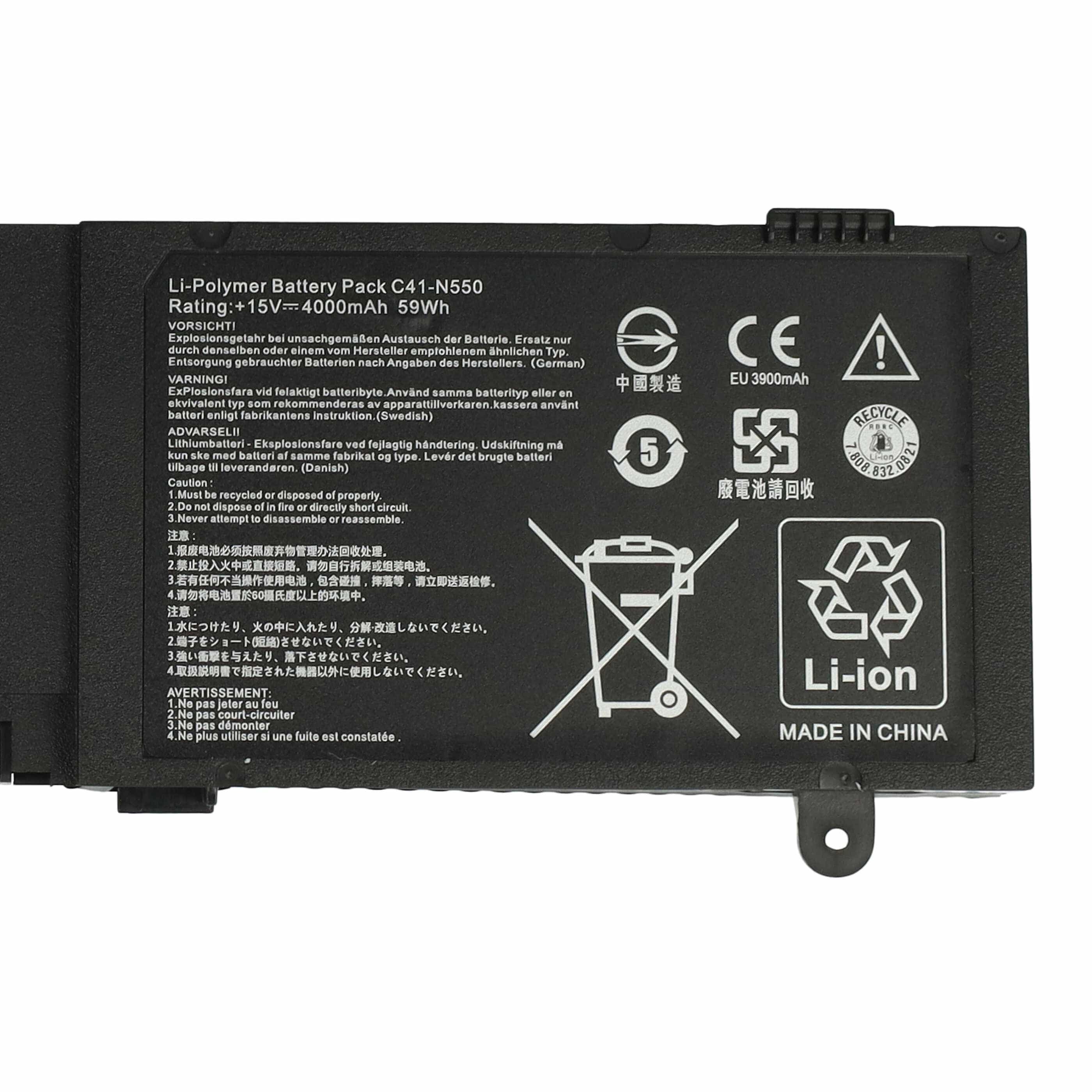 Batterie remplace Asus 0B200-00390000, 0B200-00390100 pour ordinateur portable - 4000mAh 15V Li-polymère, noir