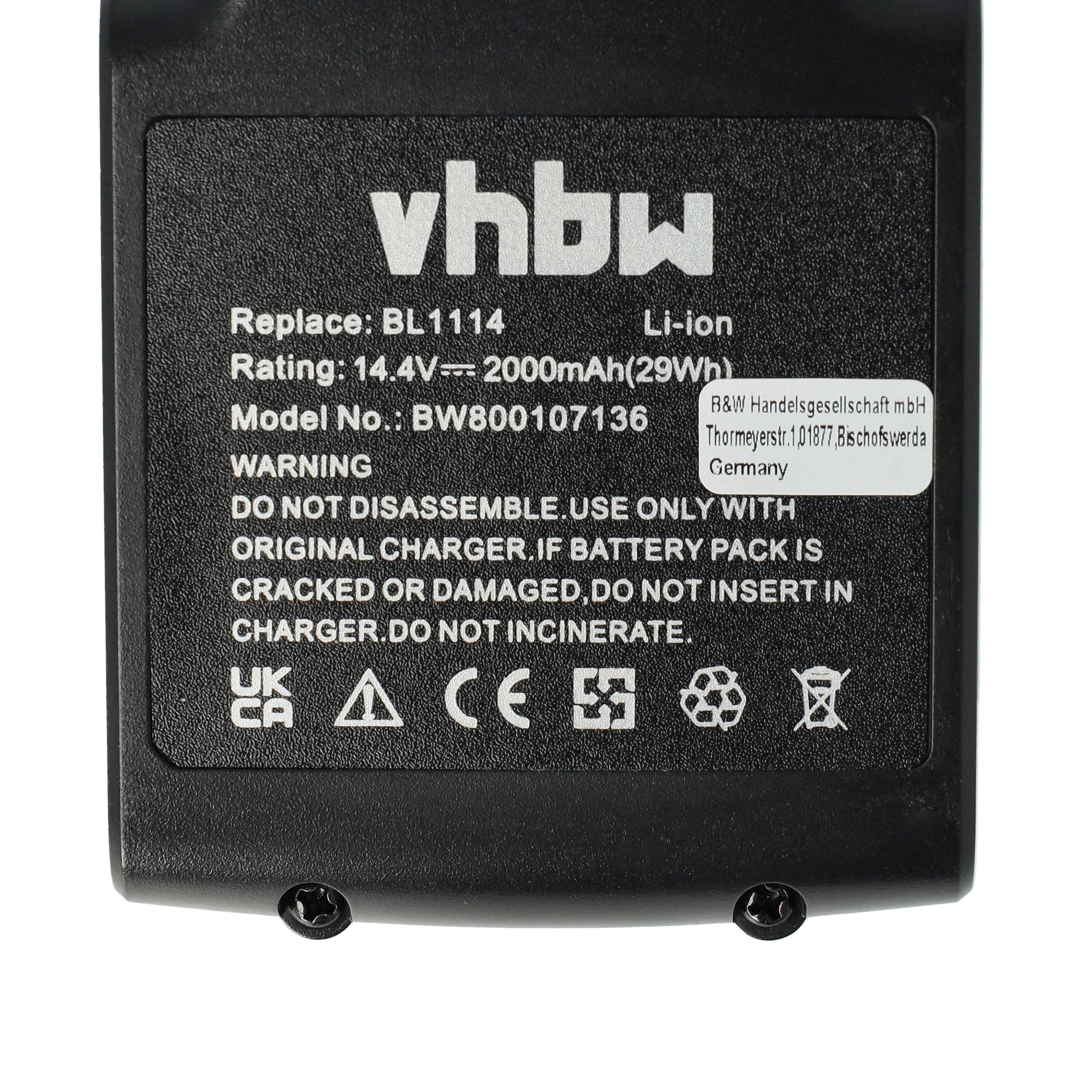 Battery replaces Black & Decker BL1314, LB16, BL1514, BL1114 Electric Power Tool - 2000 mAh, 14.4 V, Li-Ion
