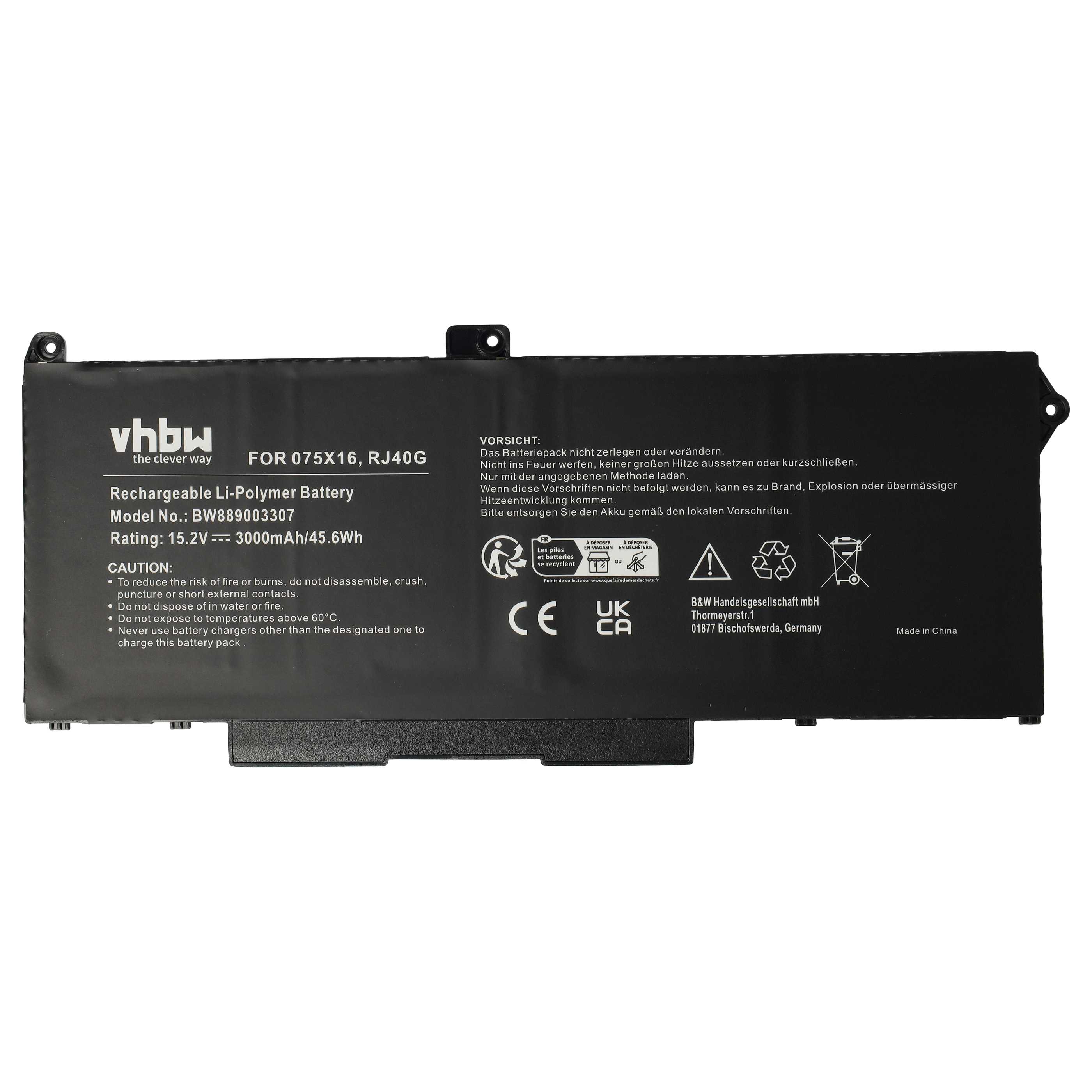 Notebook Battery Replacement for Dell RJ40G, 075X16 - 3000 mAh 15.2 V Li-Ion