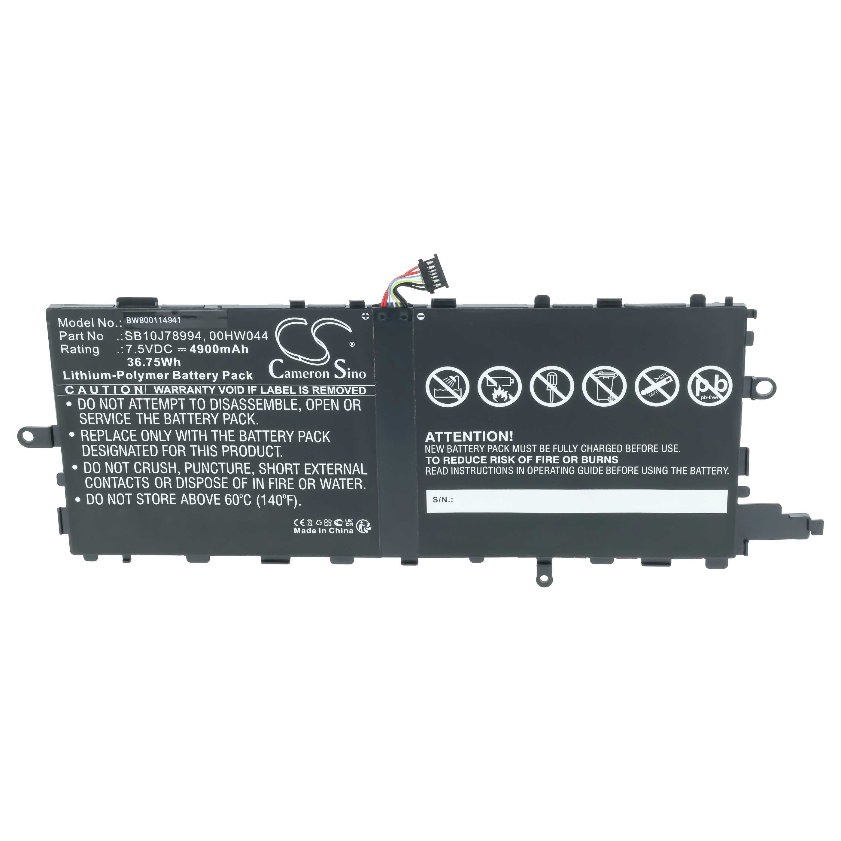 Batteria per tablet sostituisce Lenovo 00HW04, 00HW044, 00HW045, 00HW046, SB10J78993 - 4900mAh 7,5V Li-Poly