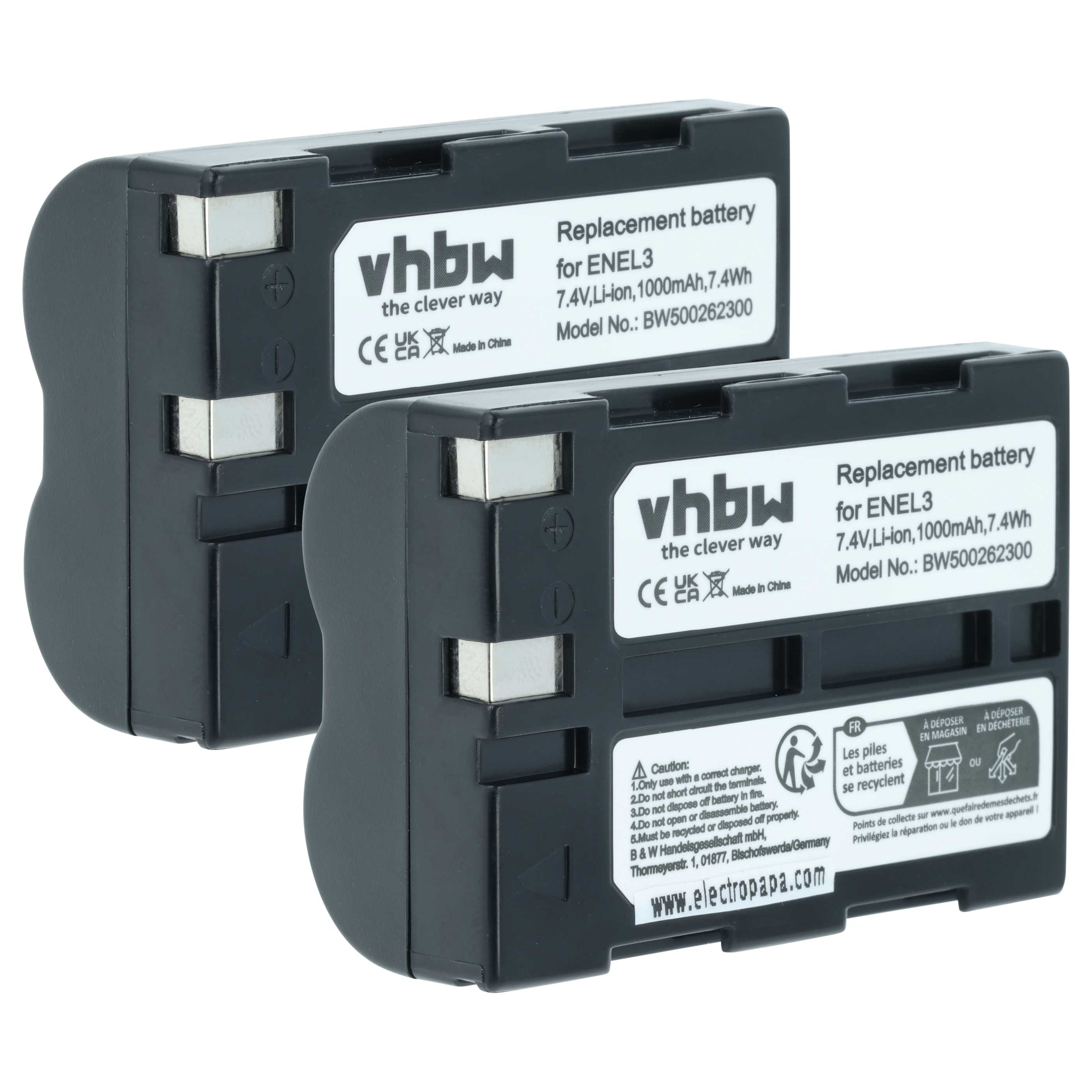 2x Battery replaces Nikon EN-EL3, EN-EL3a - 1000mAh, 7.2V, Li-Ion
