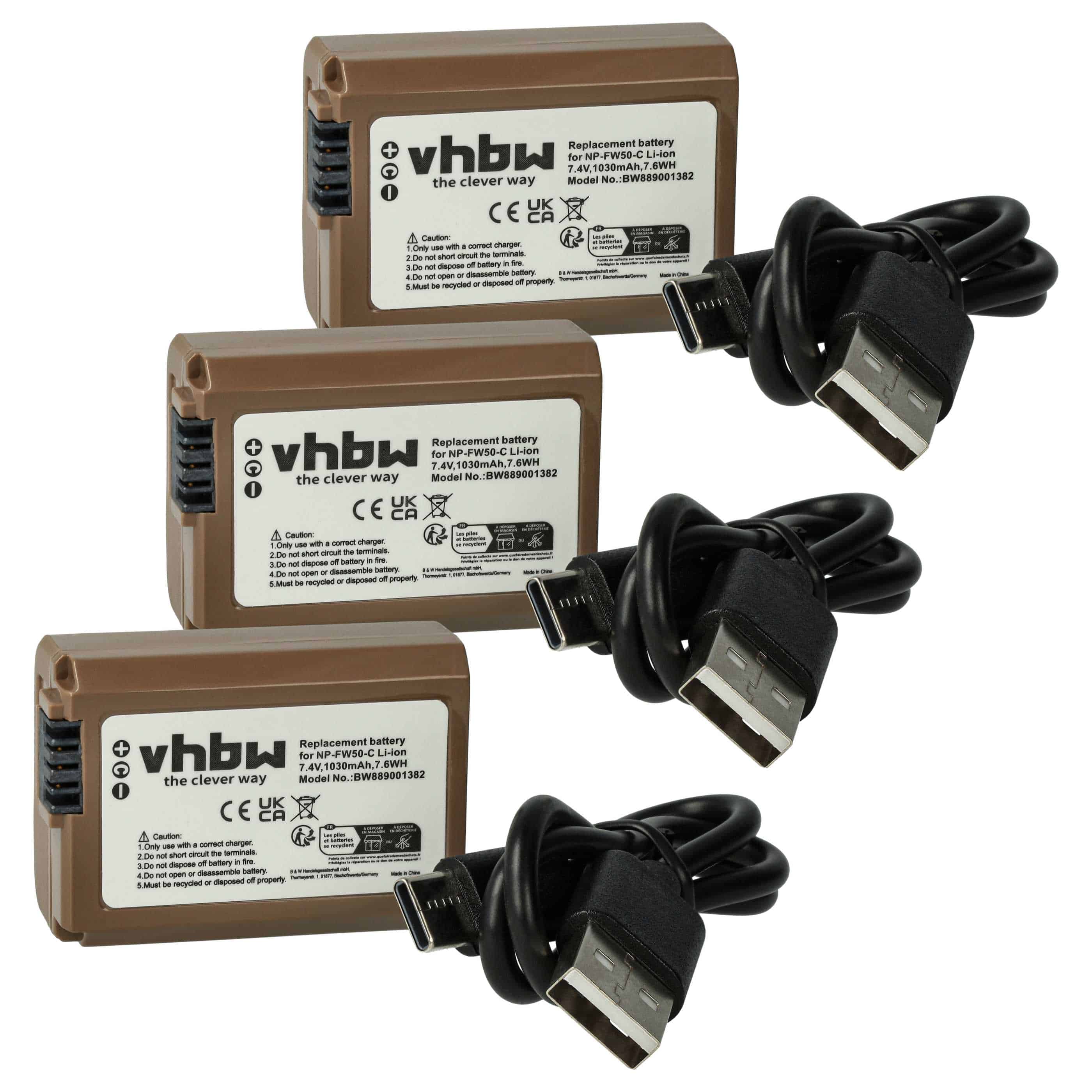 3x Battery replaces Sony NP-FW50 - 1030mAh, 7.4V, Li-Ion with Info Chip, with USB C Socket