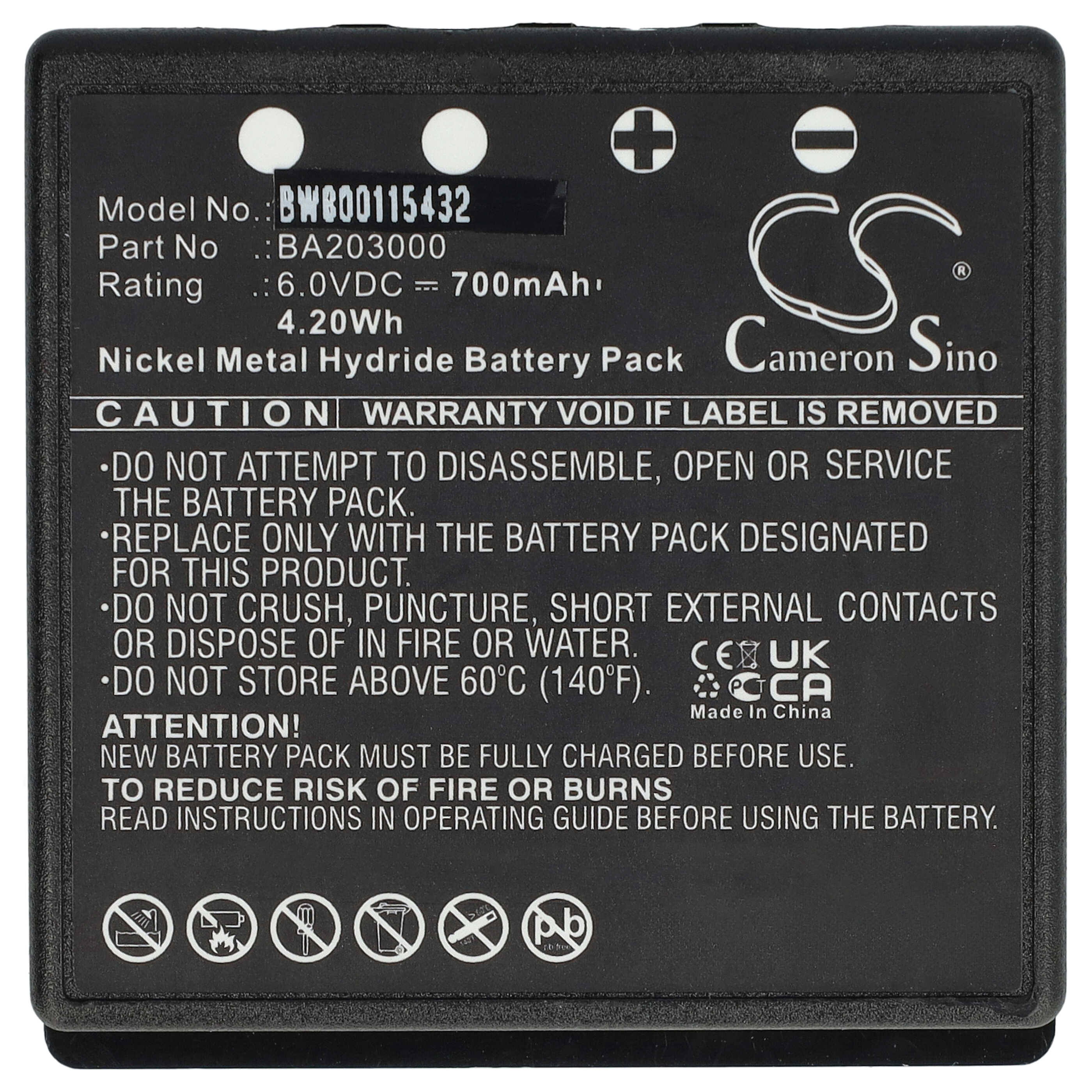 Batería reemplaza HBC BA203000, BA205030, 005-01-00615 para mando distancia industrial HBC - 700 mAh 6 V NiMH