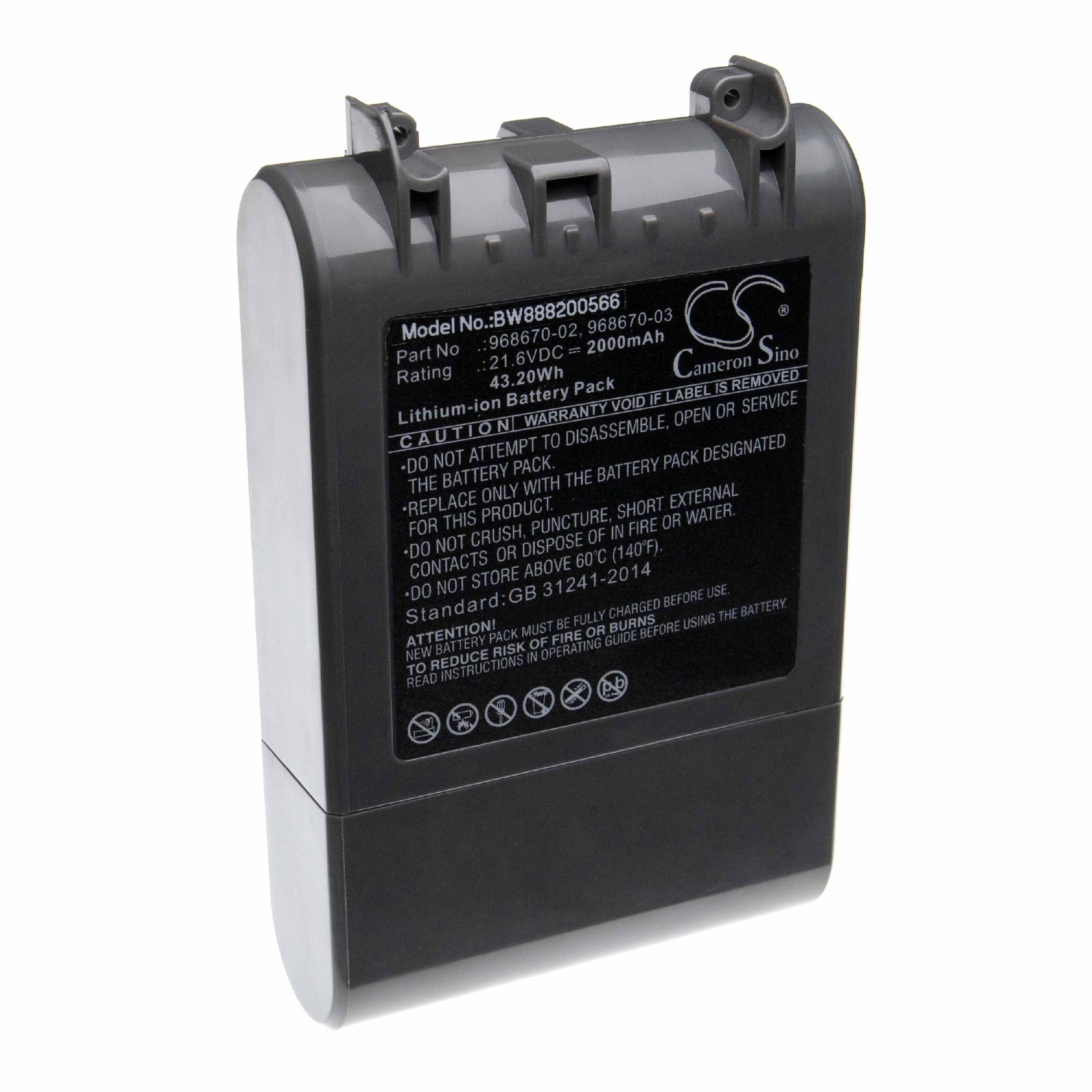 Batteria sostituisce Dyson 968670-03, 968670-02 per aspirapolvere Dyson - 2000mAh 21,6V Li-Ion grigio