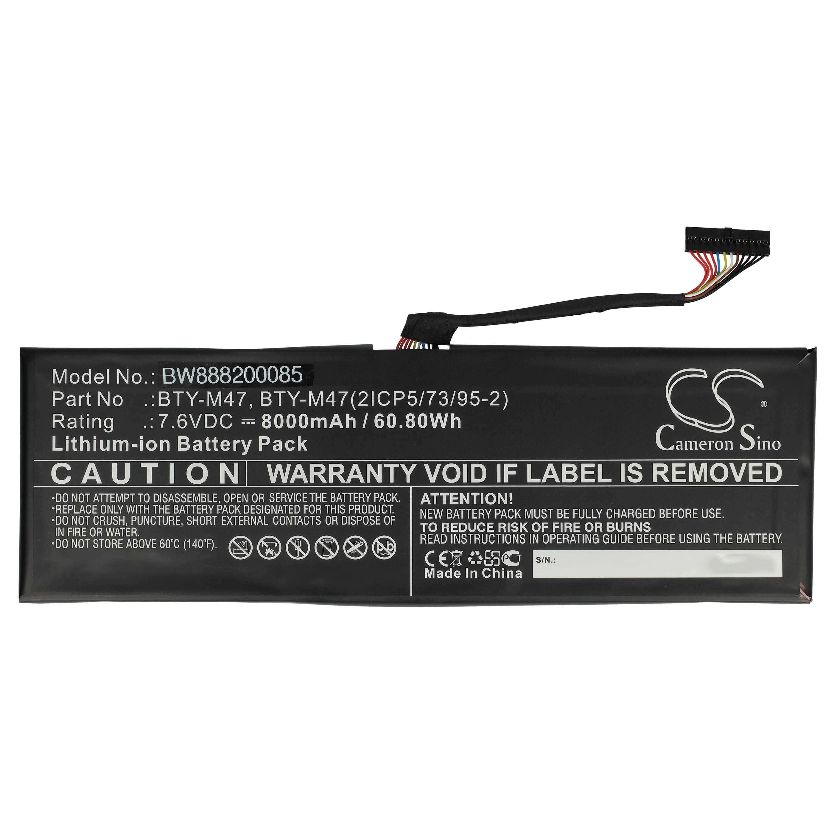 Batterie remplace MSI BTY-M47 pour ordinateur portable - 8060mAh 7,6V Li-ion, noir