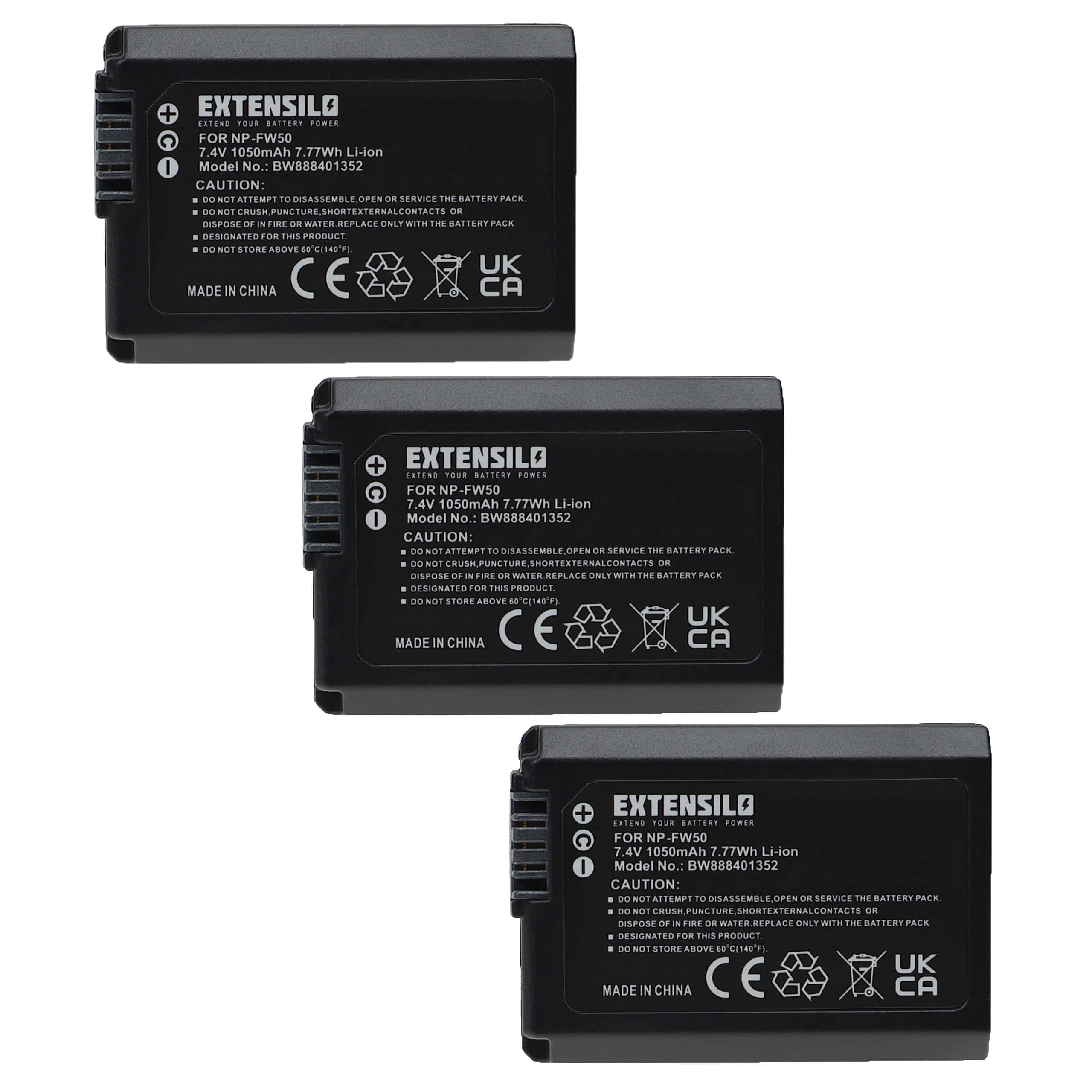 3x Battery replaces Sony NP-FW50 - 1050mAh, 7.4V, Li-Ion