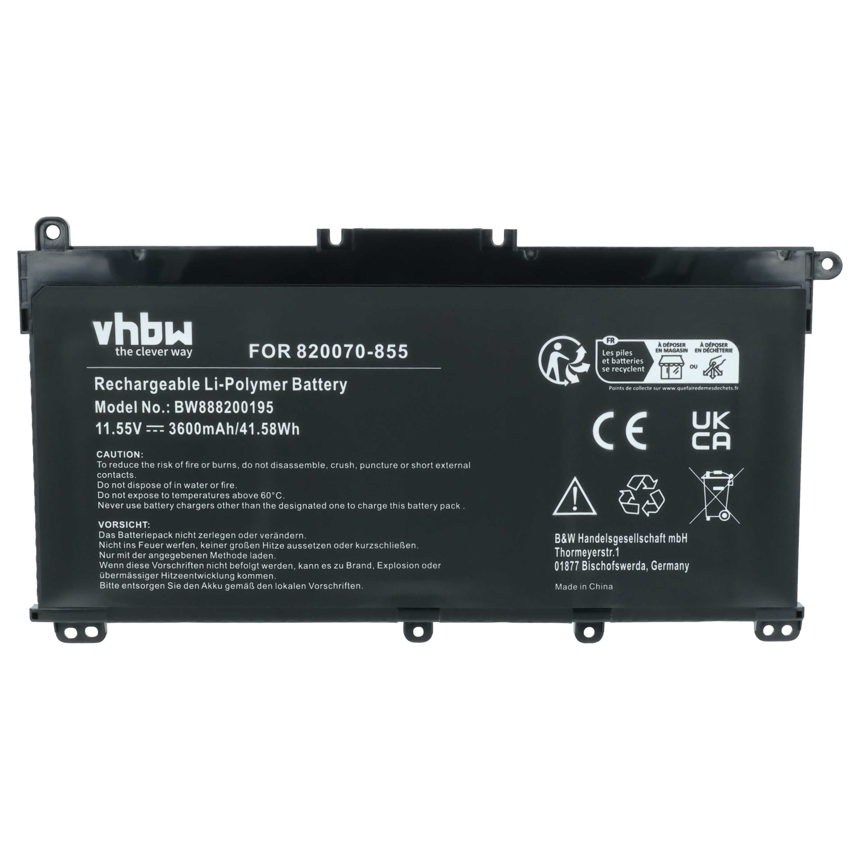 Notebook Battery Replacement for HP HSTNN-DB8S, HSTNN-DB8R, HSTNN-IB80 - 3600 mAh 11.55 V Li-Ion, black