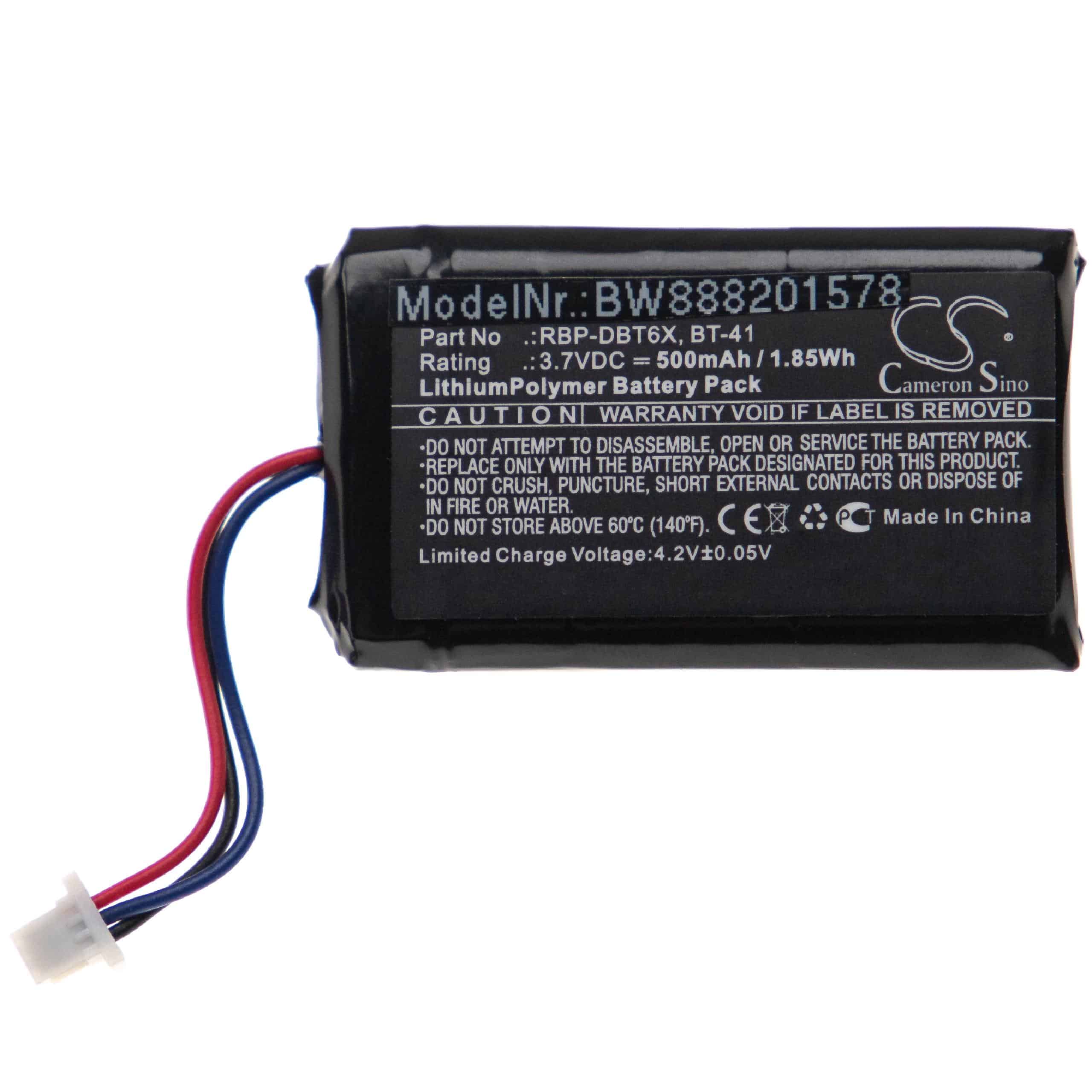 Batterie remplace Datalogic RBP-DBT6X, 128004100, BT-41 pour scanner de code-barre - 500mAh 3,7V Li-polymère