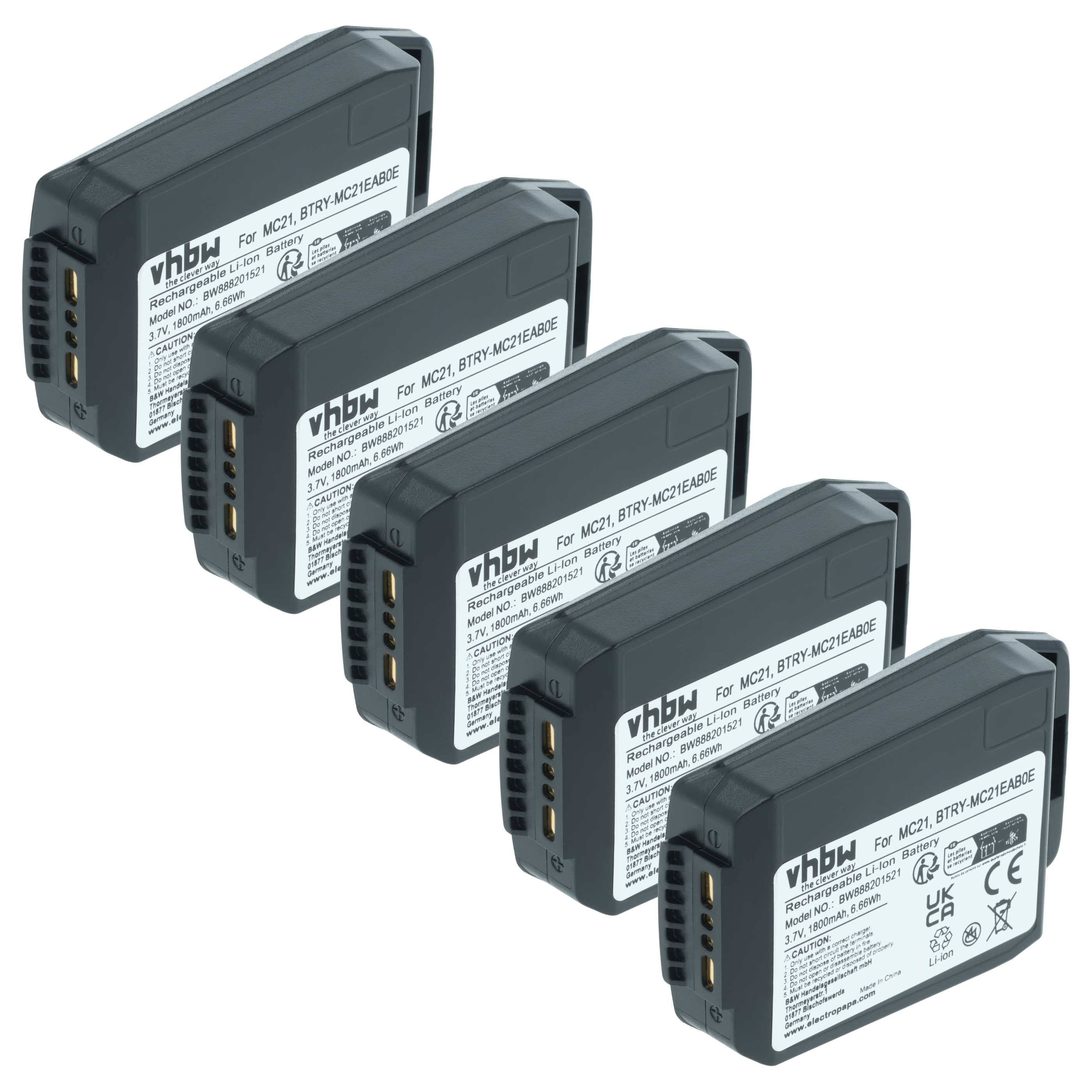 Handheld Computer 5x Battery replaces Motorola 82-105612-01, BTRY-MC21EAB0E, 82-150612-01 - 1800mAh, 3.7V