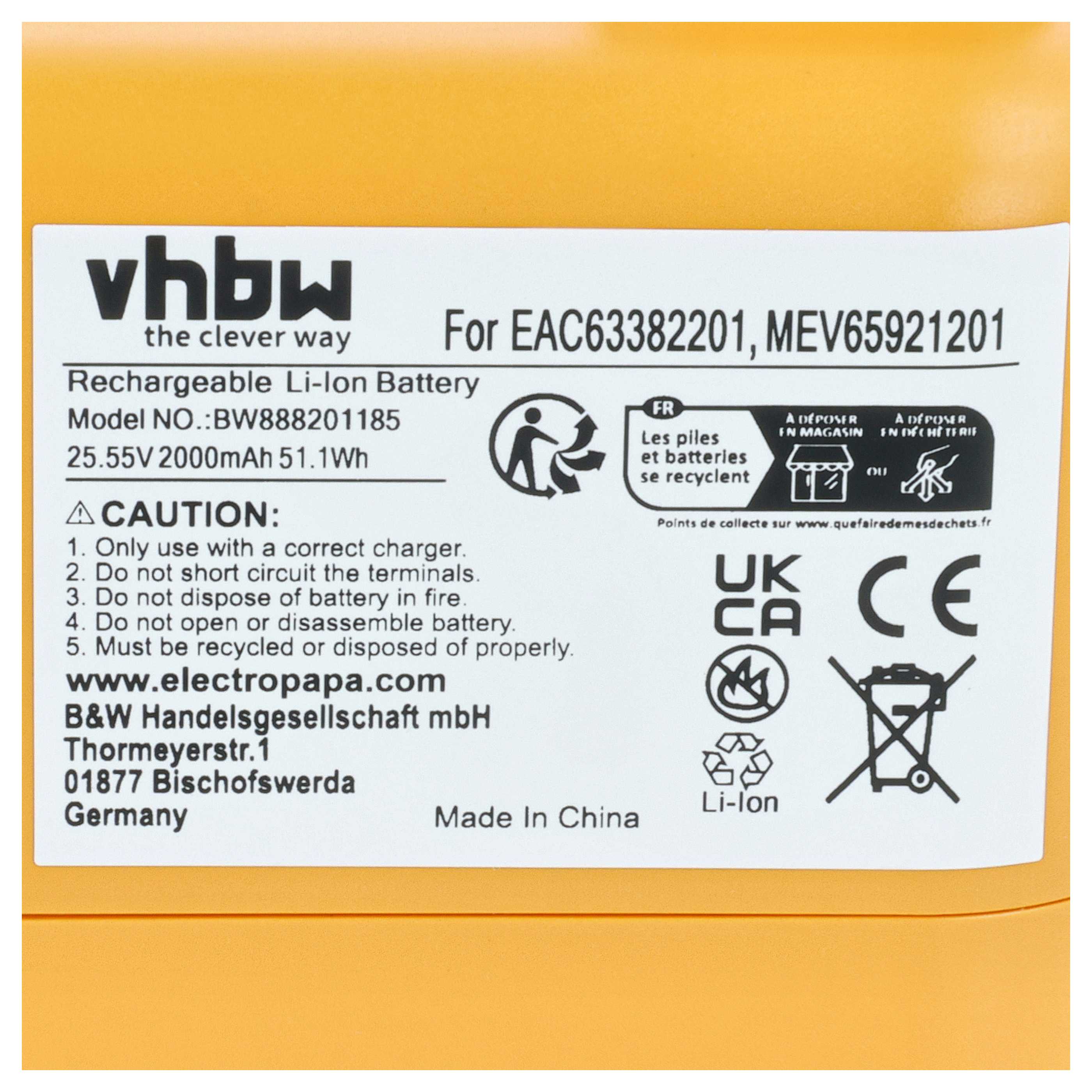 Battery replaces LG EAC63382202, EAC63382211, EAC63382204, EAC63382201, EAC63382208 for LG 2000mAh, 25.55V, Li-Ion