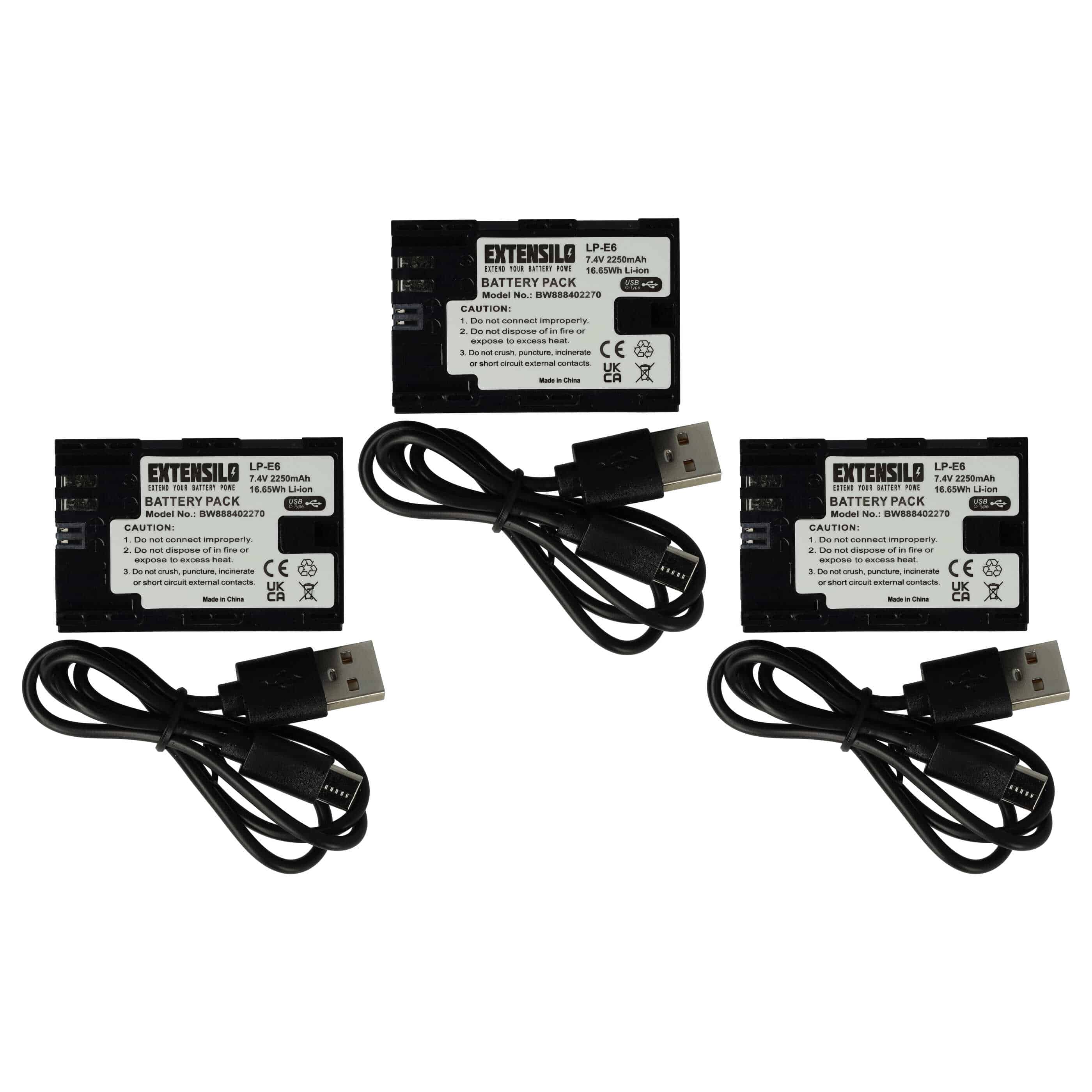 3x Battery replaces Canon LP-E6 - 2250mAh, 7.4V, Li-Ion, with USB C Socket