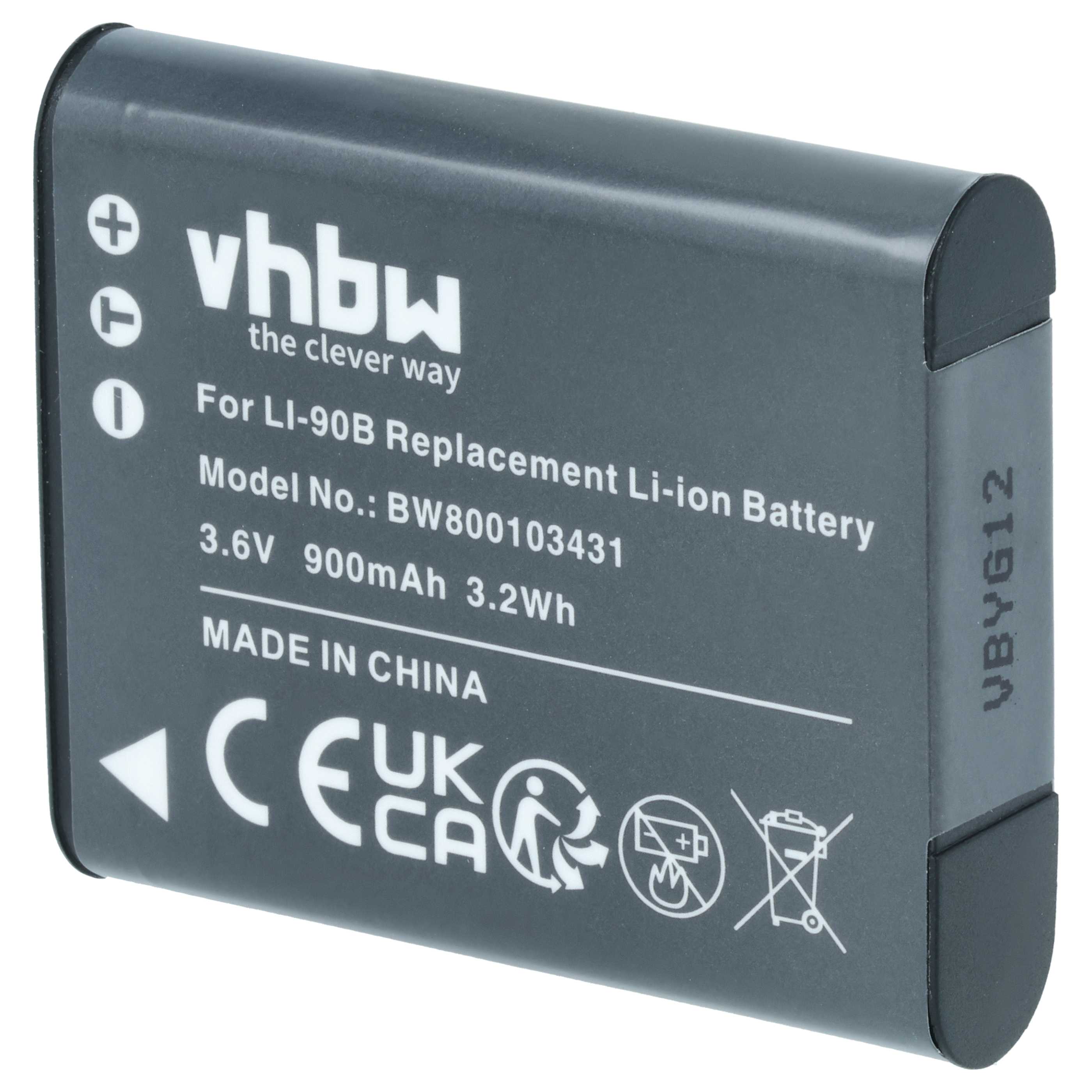 Battery replaces Olympus Li-90B, Li-92B - 900mAh, 3.6V, Li-Ion