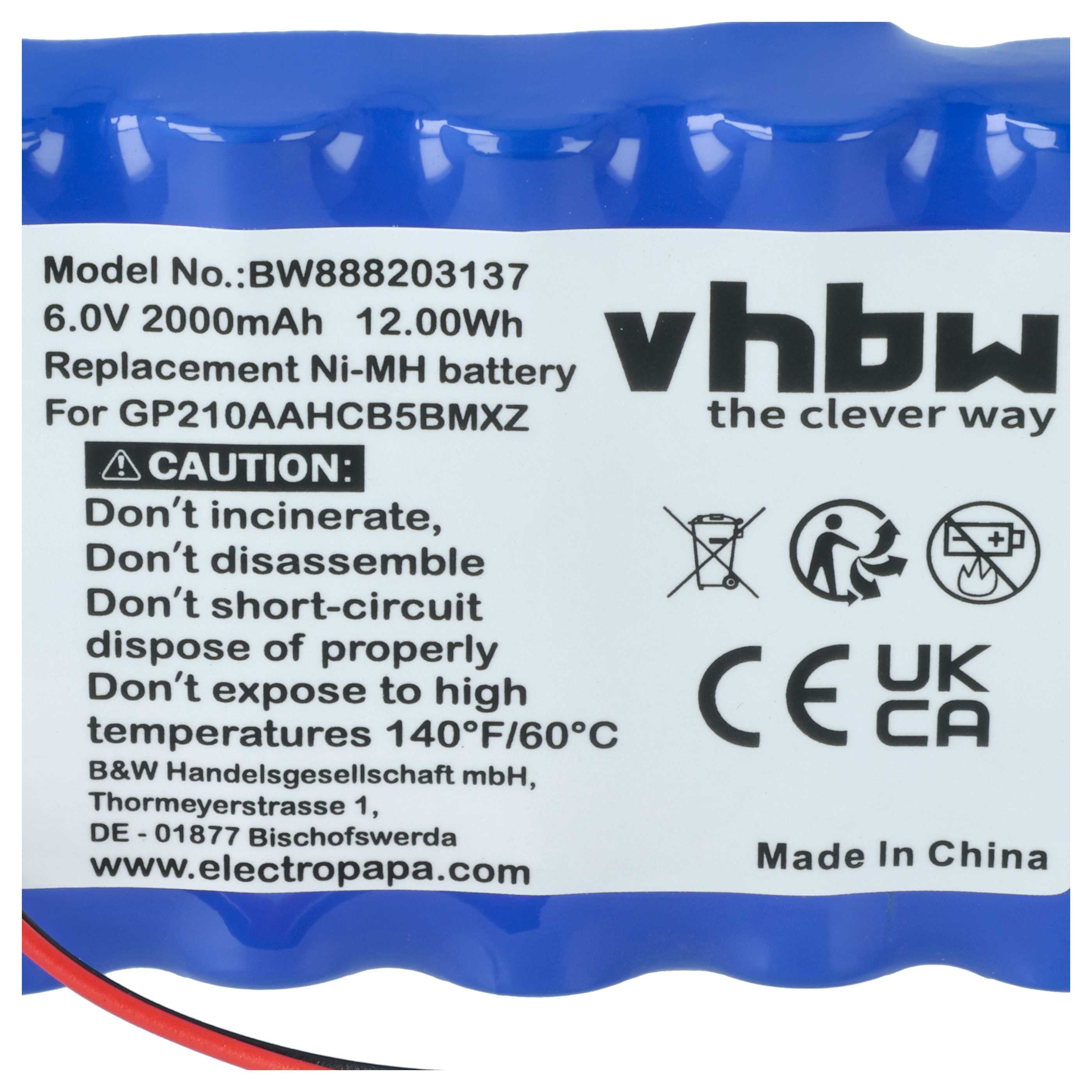 Batería reemplaza VDW GP210AAHCB5BMXZ para tecnología médica (2000 mAh, 6 V, NiMH)