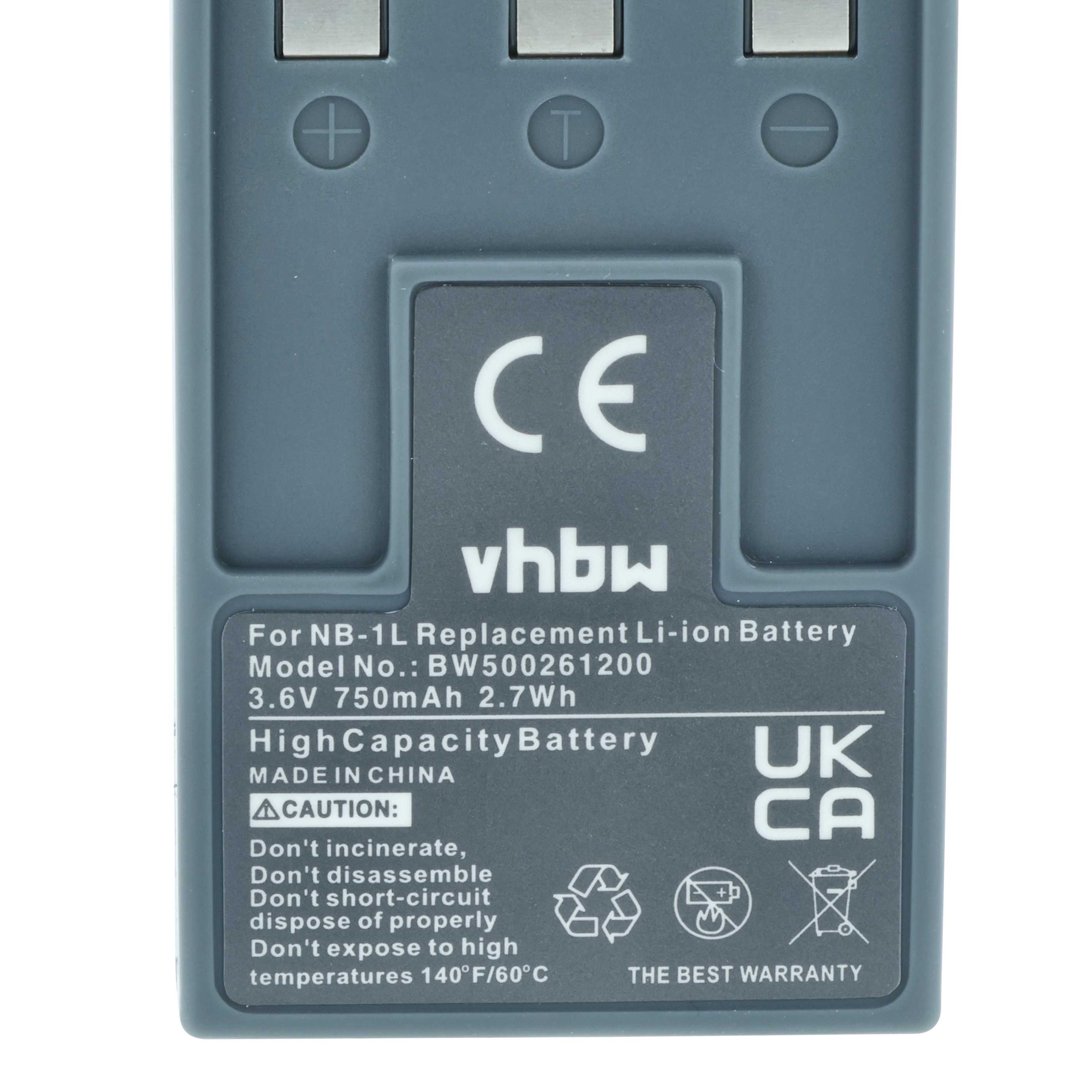 3x Battery replaces Canon NB-1LH, NB-1L - 750mAh, 3.6V, Li-Ion