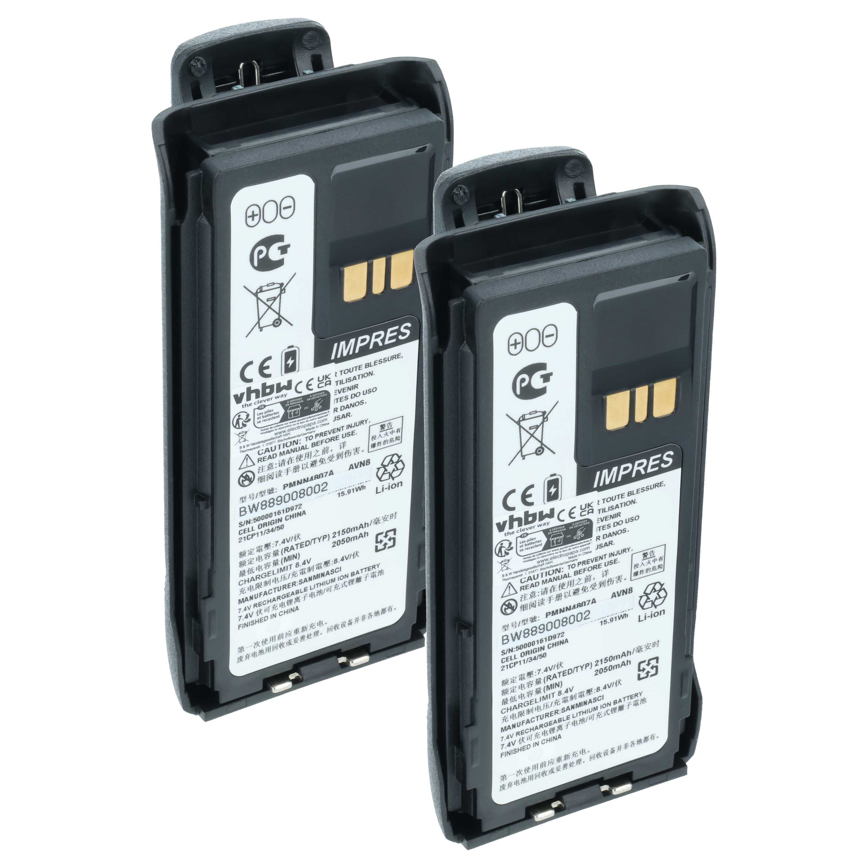 Radio 2x Battery replaces Motorola PMNN4807, PMNN4407A, PMNN4407 - 2150 mAh 8.4 V Li-Ion + Belt Clip