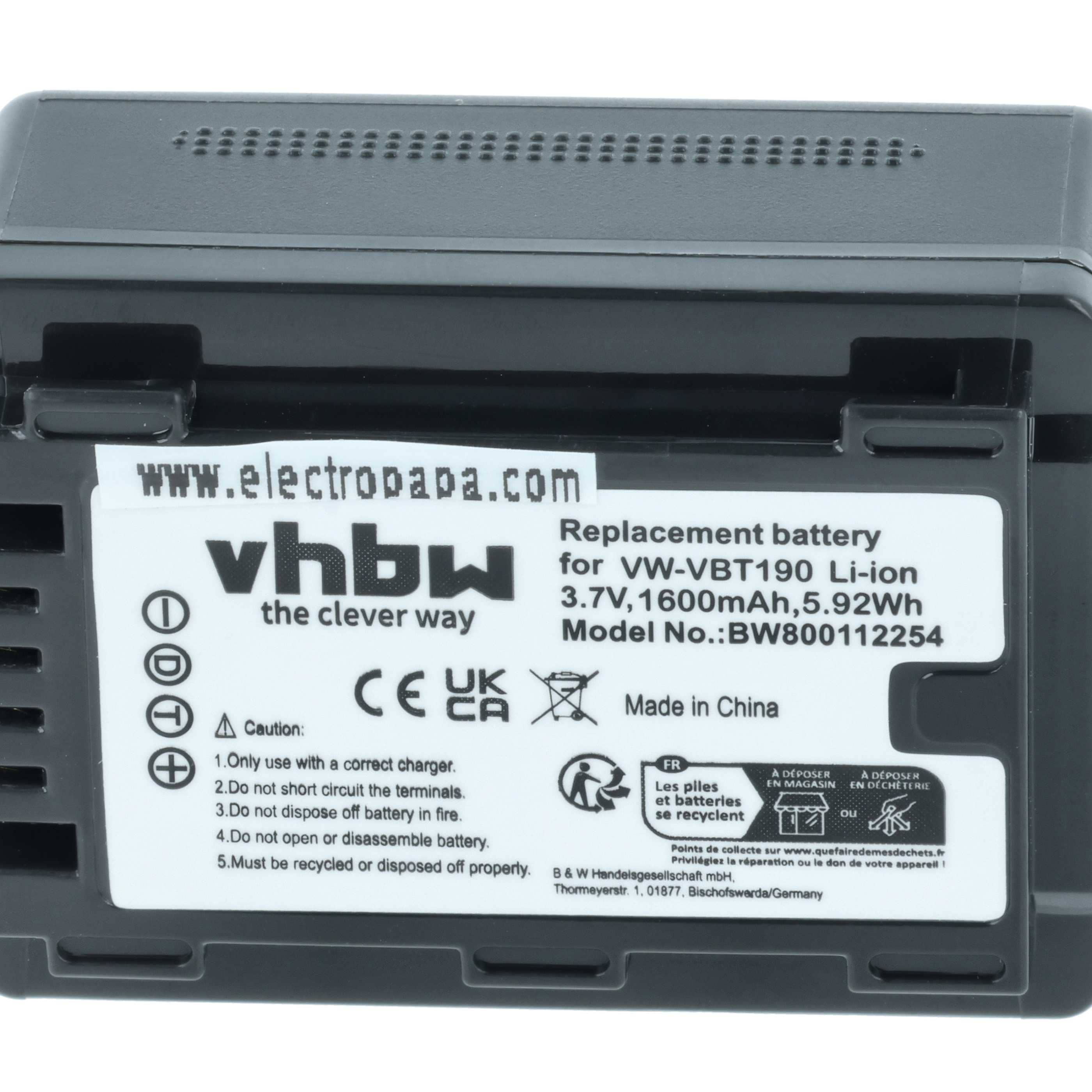 Videocamera 2x Battery replaces Panasonic VW-VBT190 - 1600 mAh 3.6 V Li-Ion