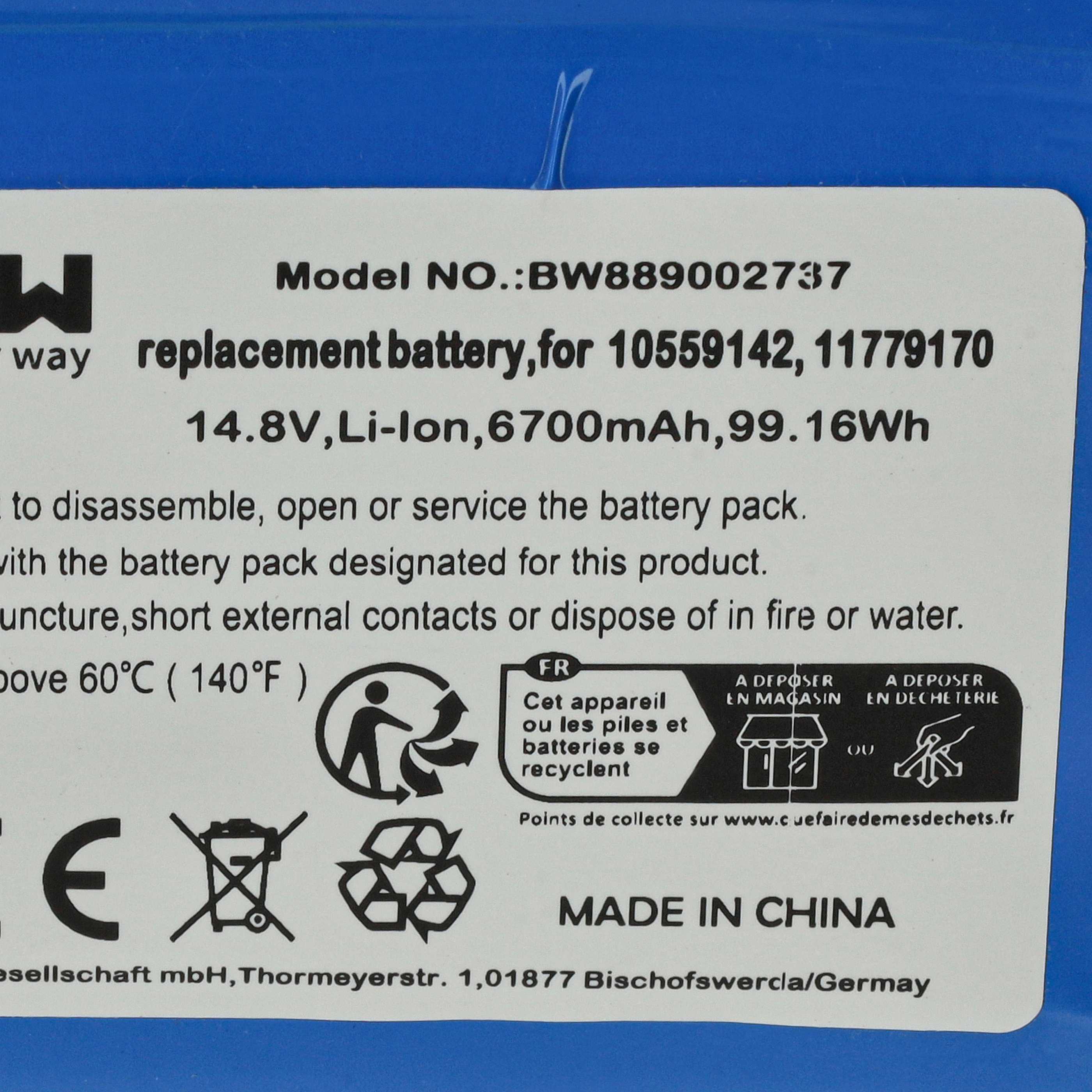 Battery replaces Miele 11779170, 10559142 for Miele 6700mAh, 14.8V, Li-Ion